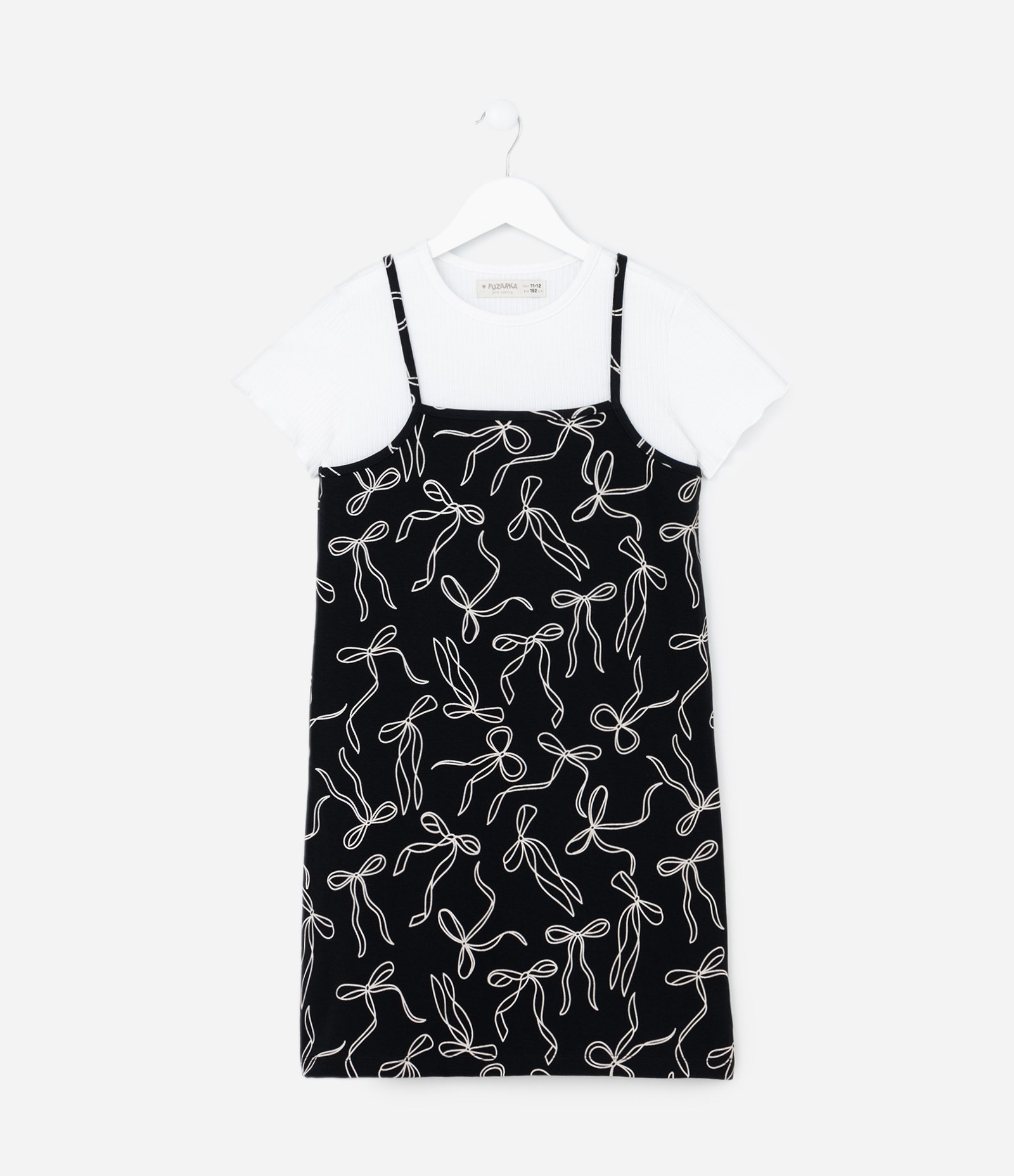 Vestido Infantil com Sobreposição e Estampa Laços - Tam 5 a 14 Anos Preto/Branco 1