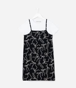 Vestido Infantil com Sobreposição e Estampa Laços - Tam 5 a 14 Anos