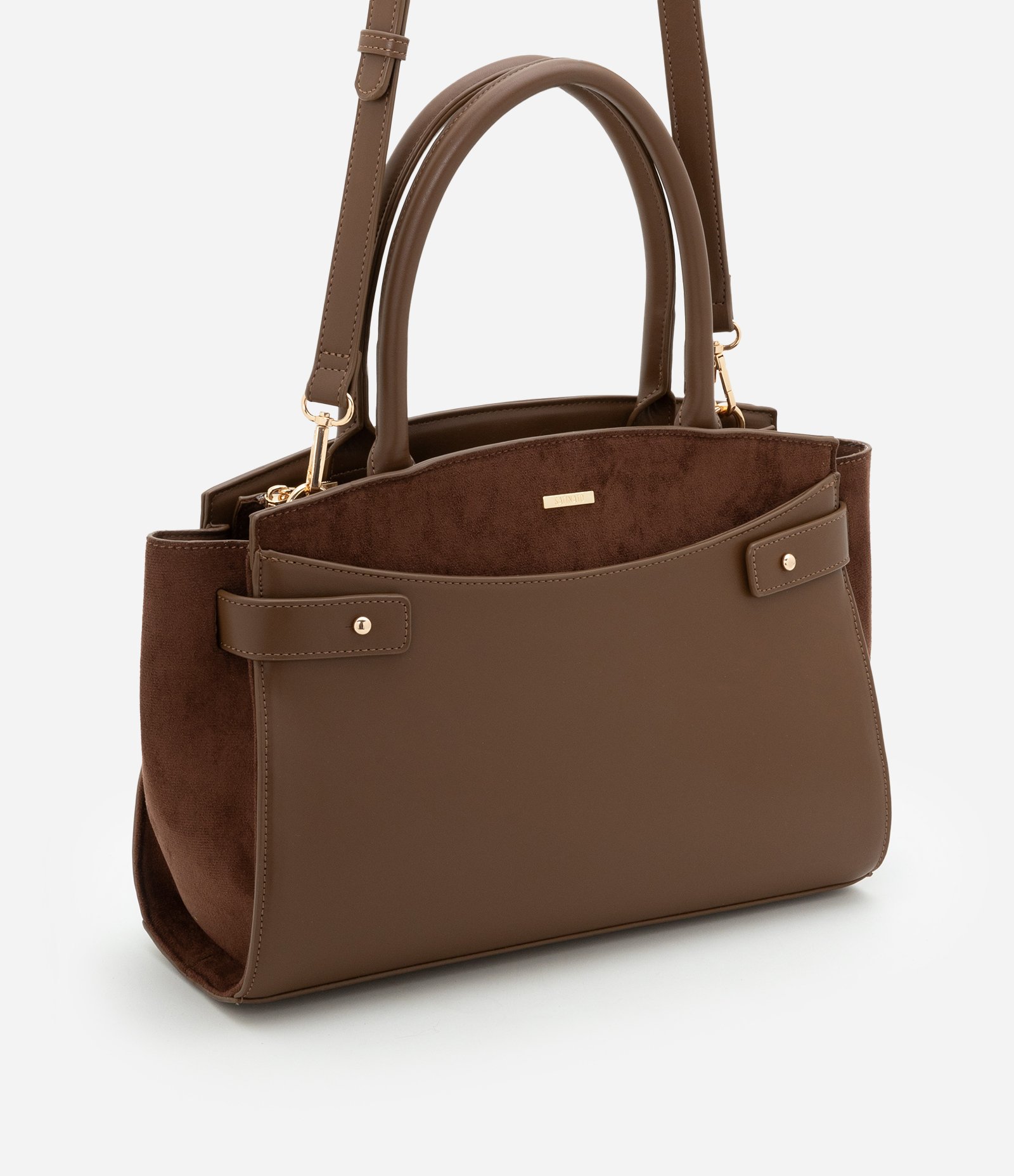 Bolsa Satchel em PU com Detalhes em Suede e Alças Médias Marrom 2