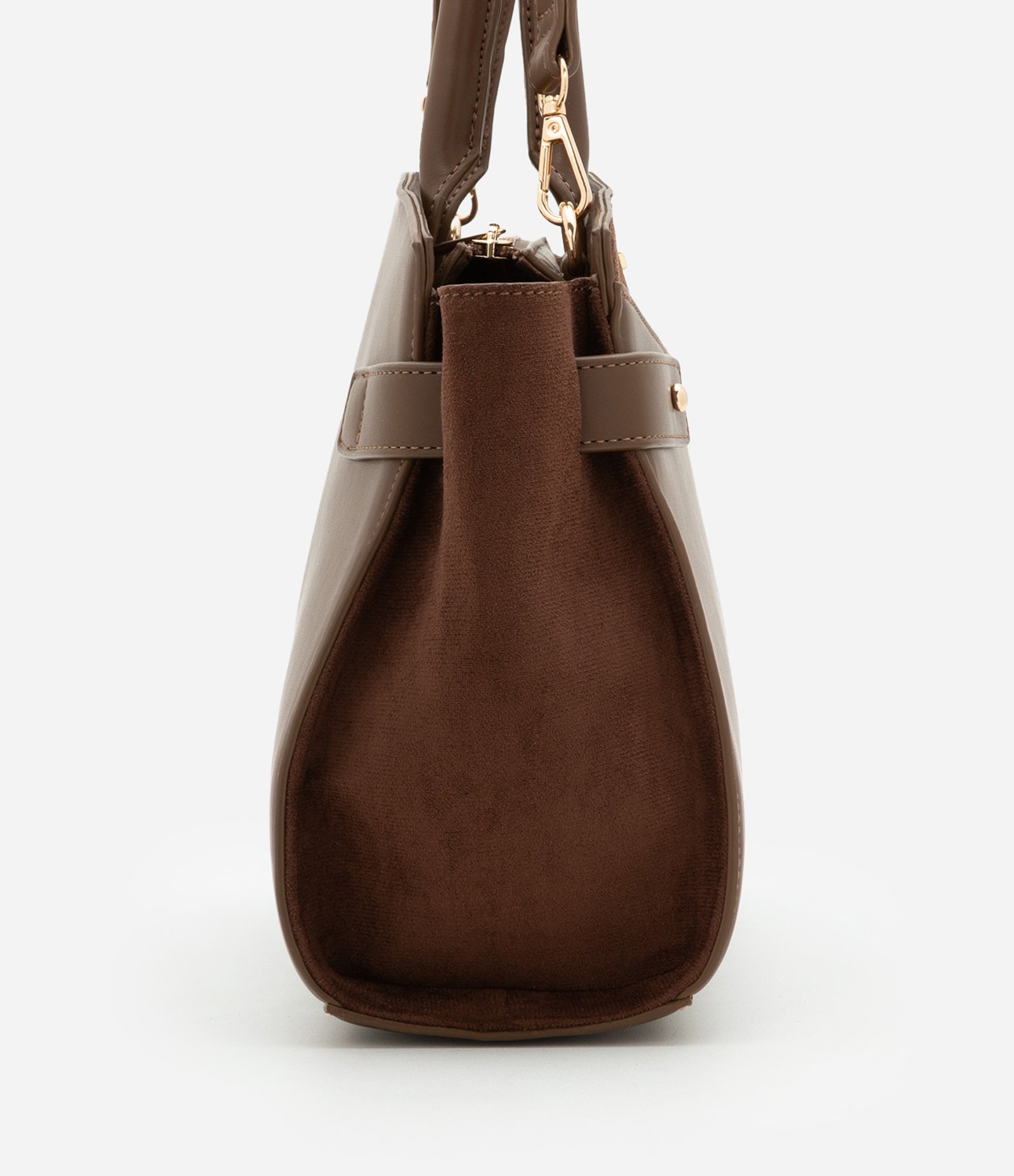 Bolsa Satchel em PU com Detalhes em Suede e Alças Médias Marrom 3