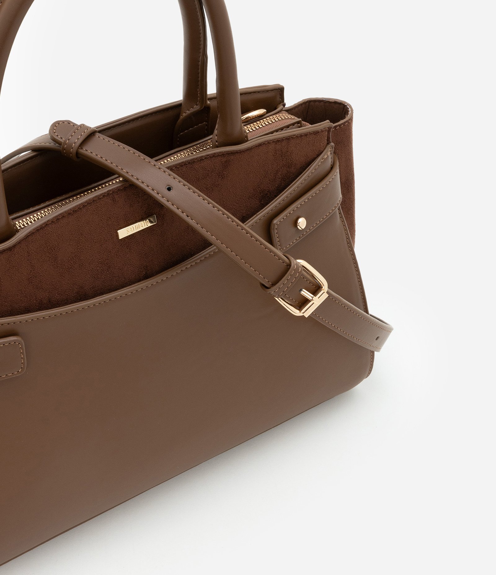 Bolsa Satchel em PU com Detalhes em Suede e Alças Médias Marrom 8