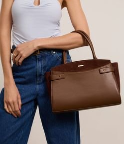 Bolsa Satchel em PU com Detalhes em Suede e Alças Médias