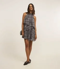 Vestido Evasê Curto em Chiffon com Estampa Serpente