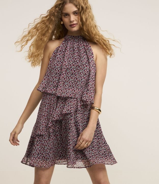 Vestido Evasê Curto em Chiffon com Estampa Abstrata