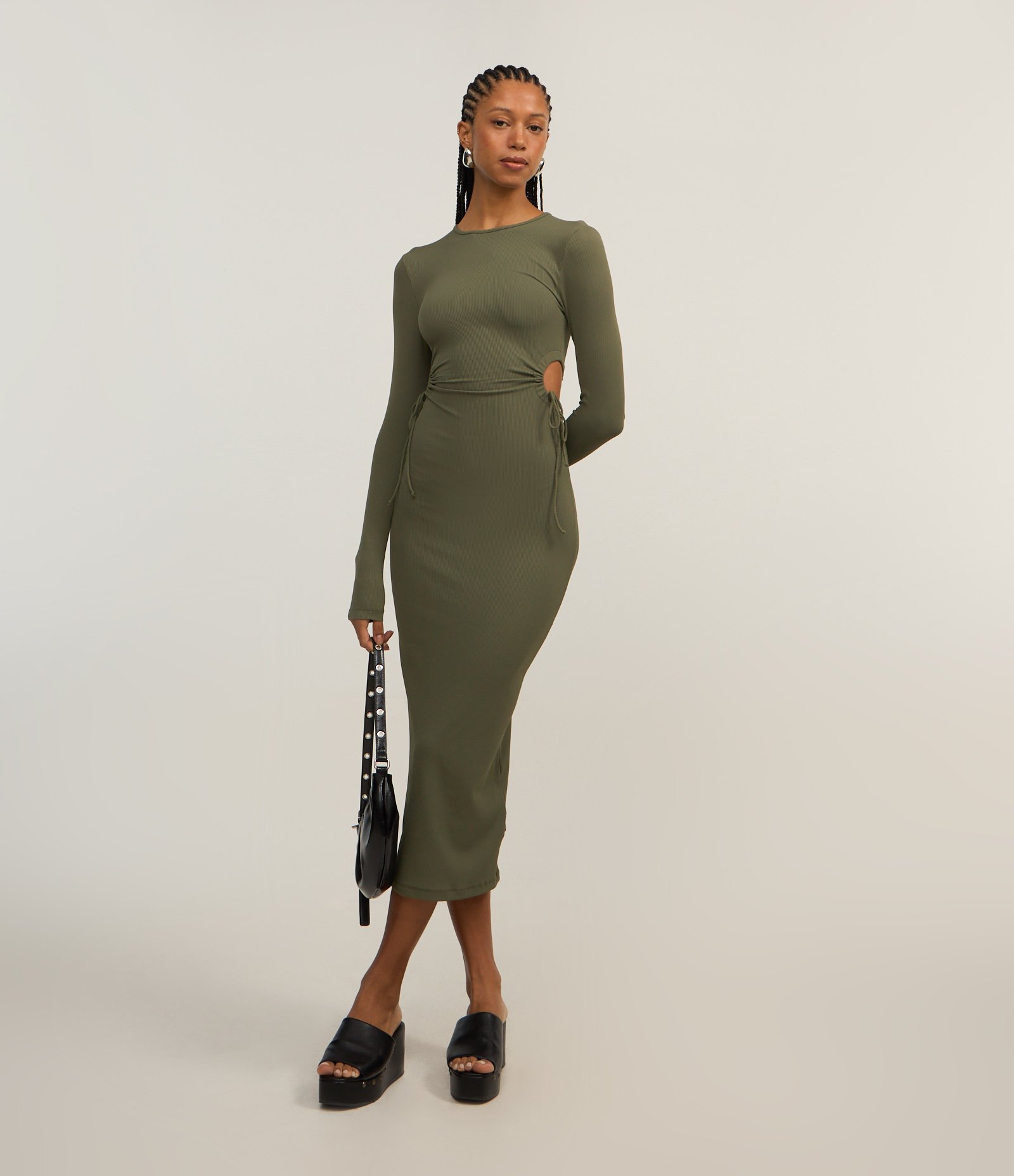 Vestido New Midi em Ribana com Aberturas Laterais com Amarração Verde 1