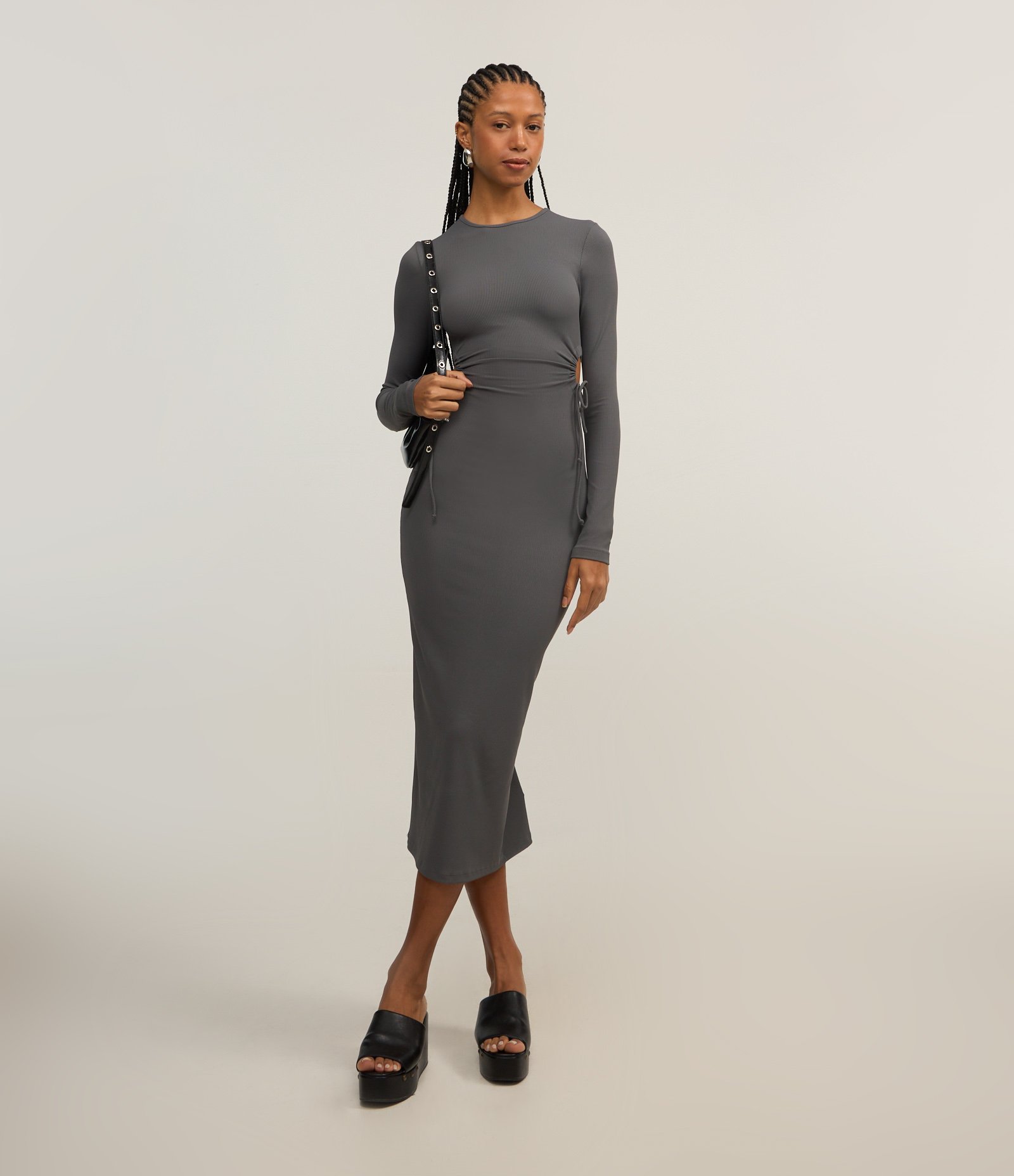 Vestido New Midi em Ribana com Aberturas Laterais com Amarração Chumbo 1