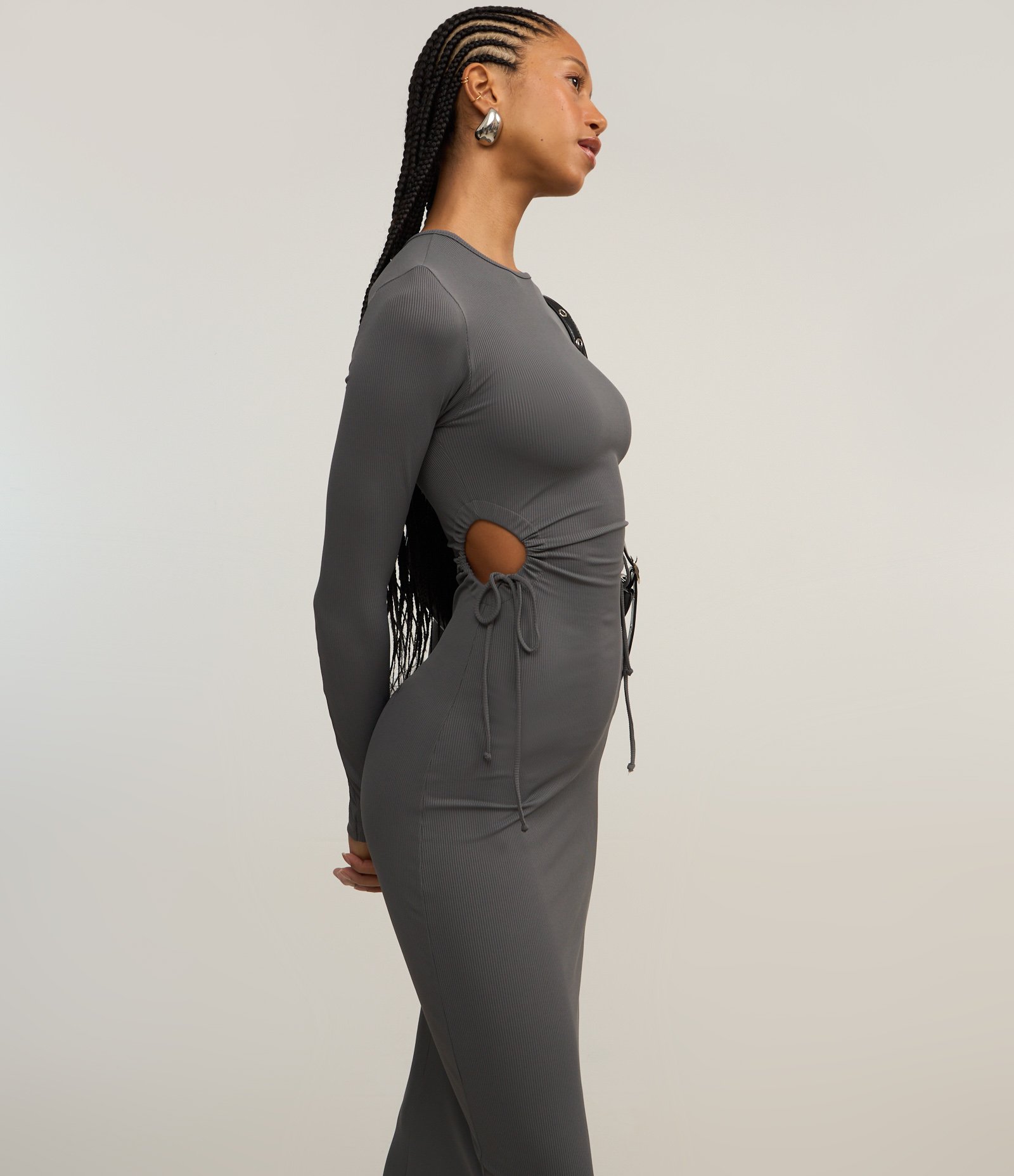 Vestido New Midi em Ribana com Aberturas Laterais com Amarração Chumbo 3