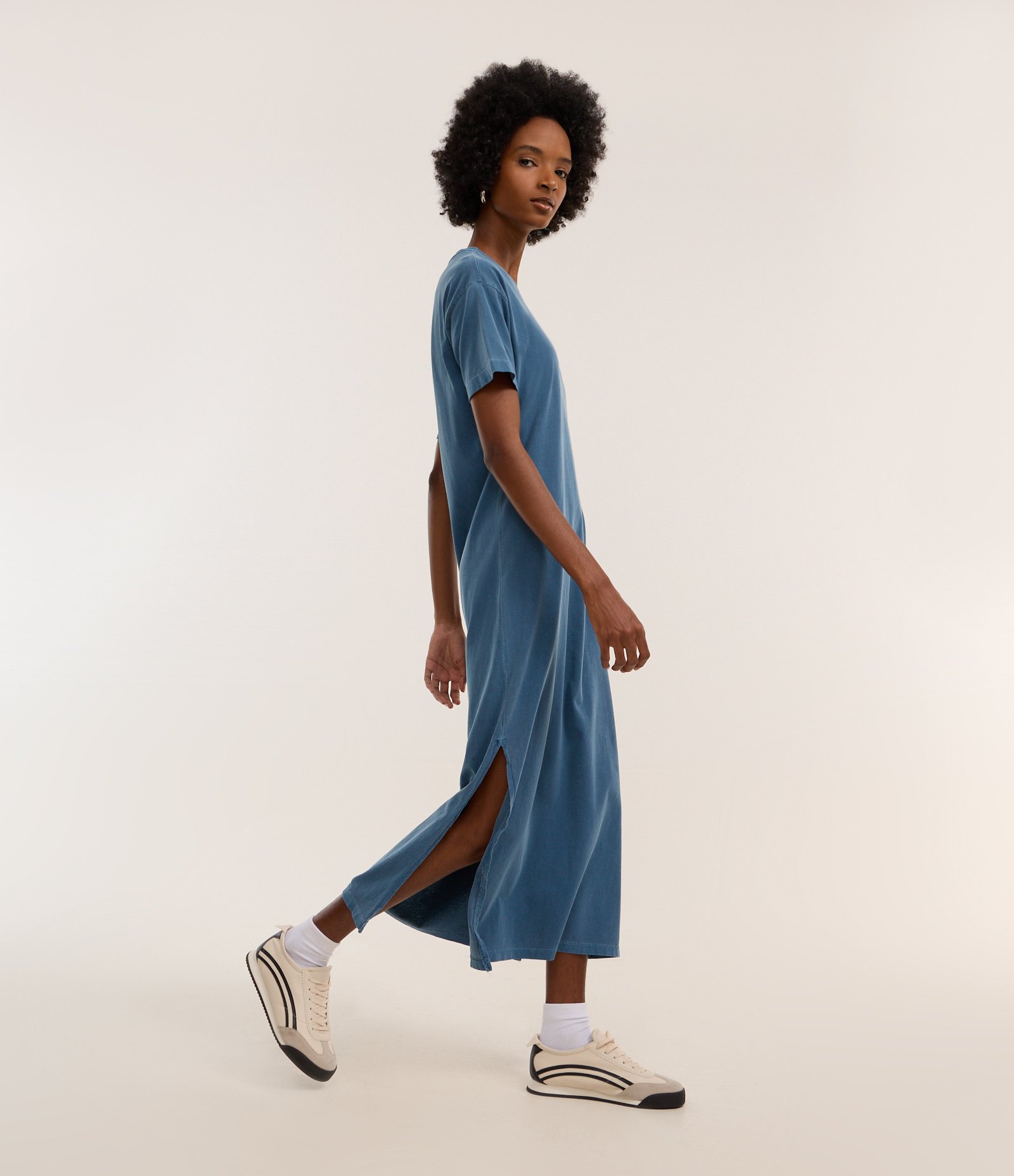 Vestido New Midi em Algodão com Fenda Lateral Azul Escuro 1