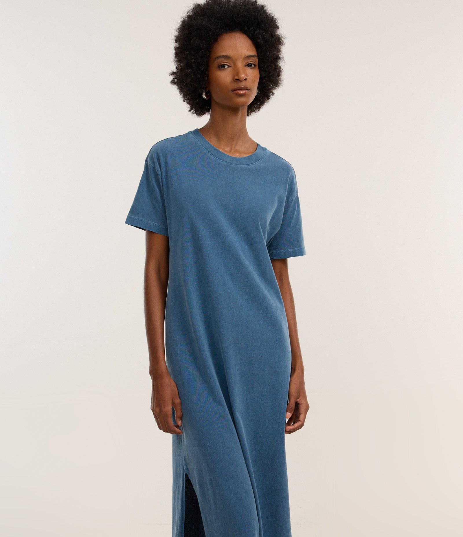 Vestido New Midi em Algodão com Fenda Lateral Azul Escuro 2