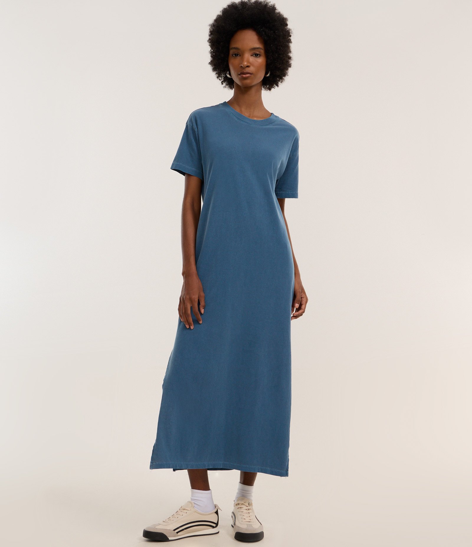Vestido New Midi em Algodão com Fenda Lateral Azul Escuro 3