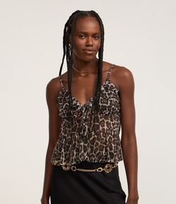Blusa Peplum de Alcinha em Tule Animal Print com Babados e Laços
