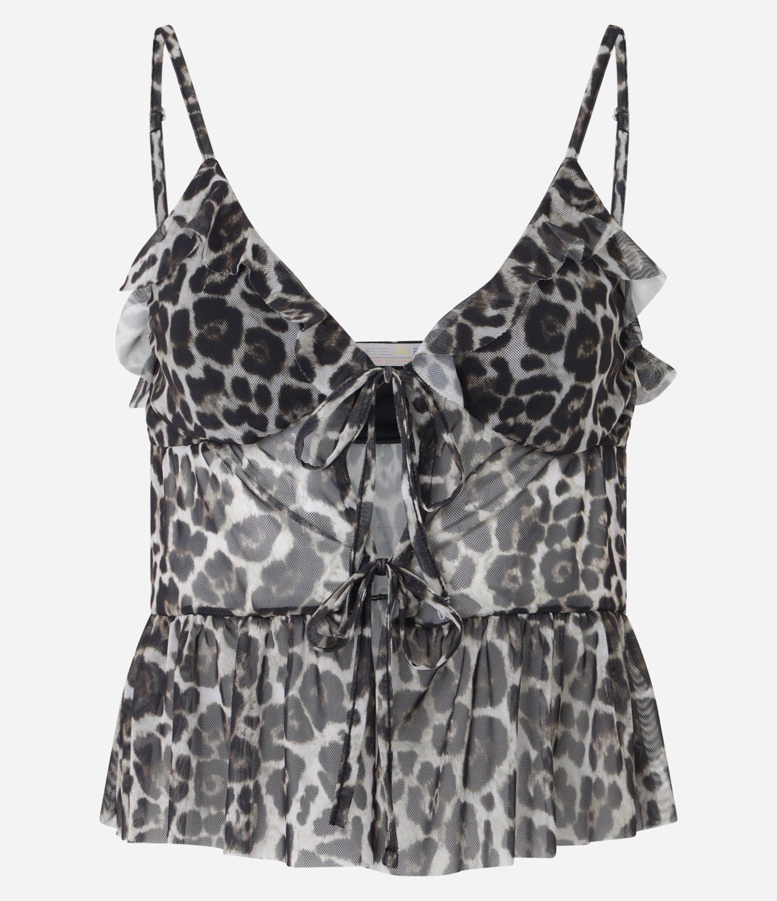 Blusa Peplum de Alcinha em Tule Animal Print com Babados e Laços Marrom 5