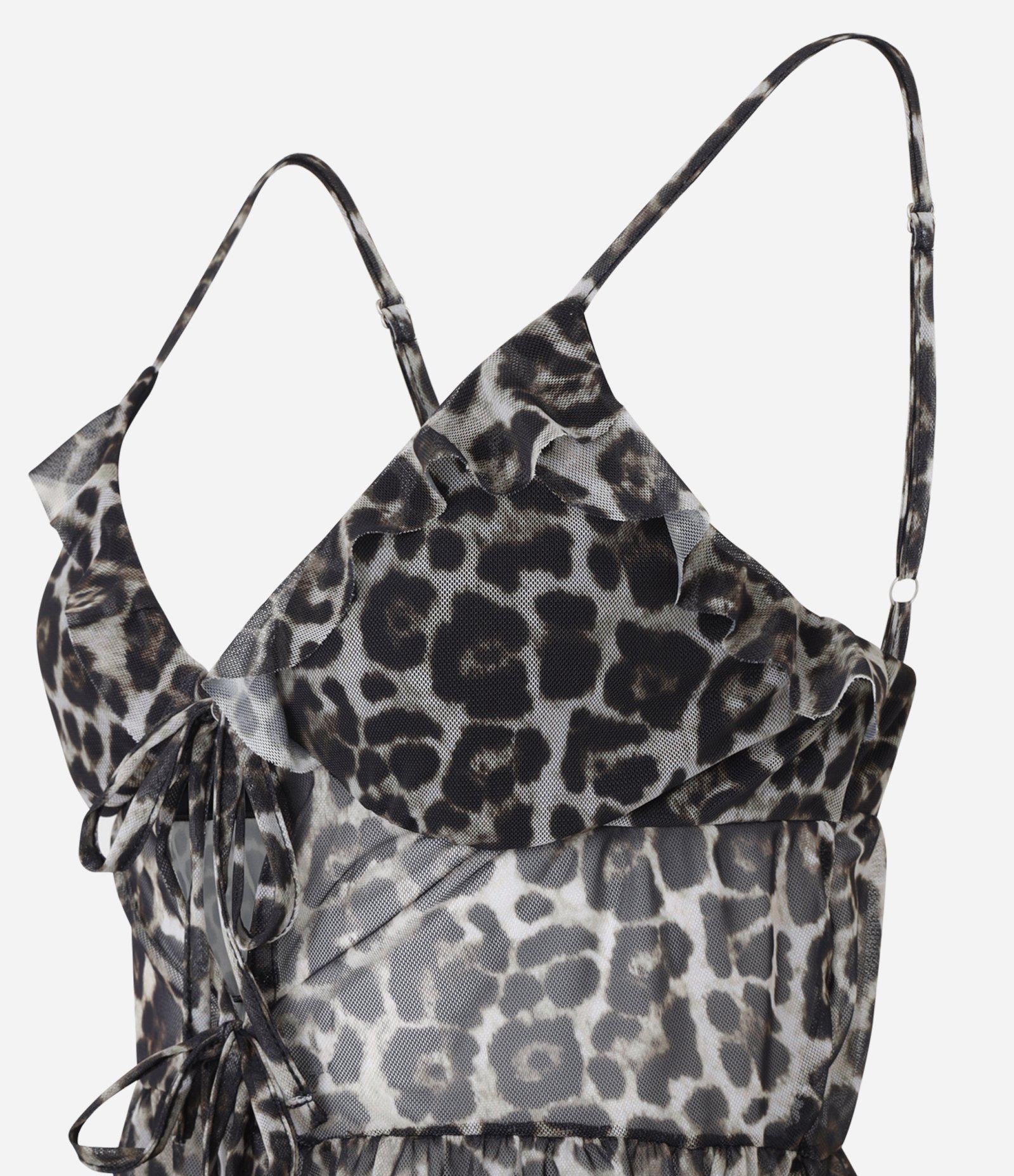 Blusa Peplum de Alcinha em Tule Animal Print com Babados e Laços Marrom 6