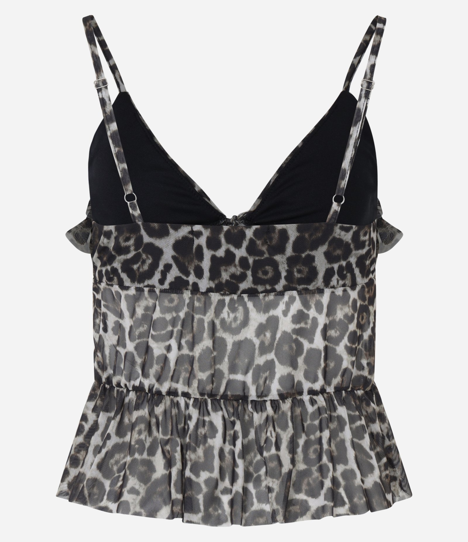 Blusa Peplum de Alcinha em Tule Animal Print com Babados e Laços Marrom 7
