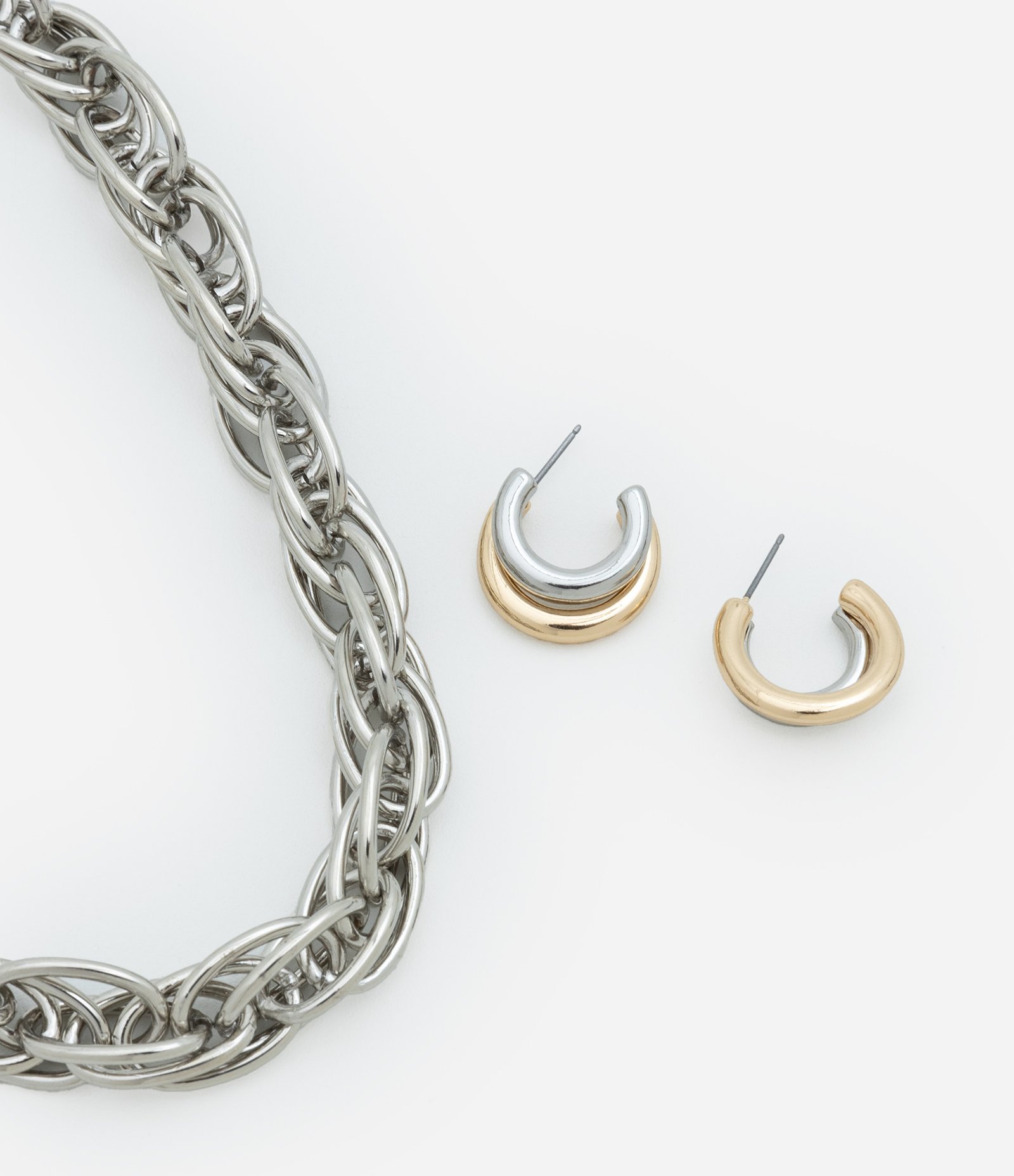 Conjunto de Colar com Elos Duplos e Brinco Argola Misto Prata 1