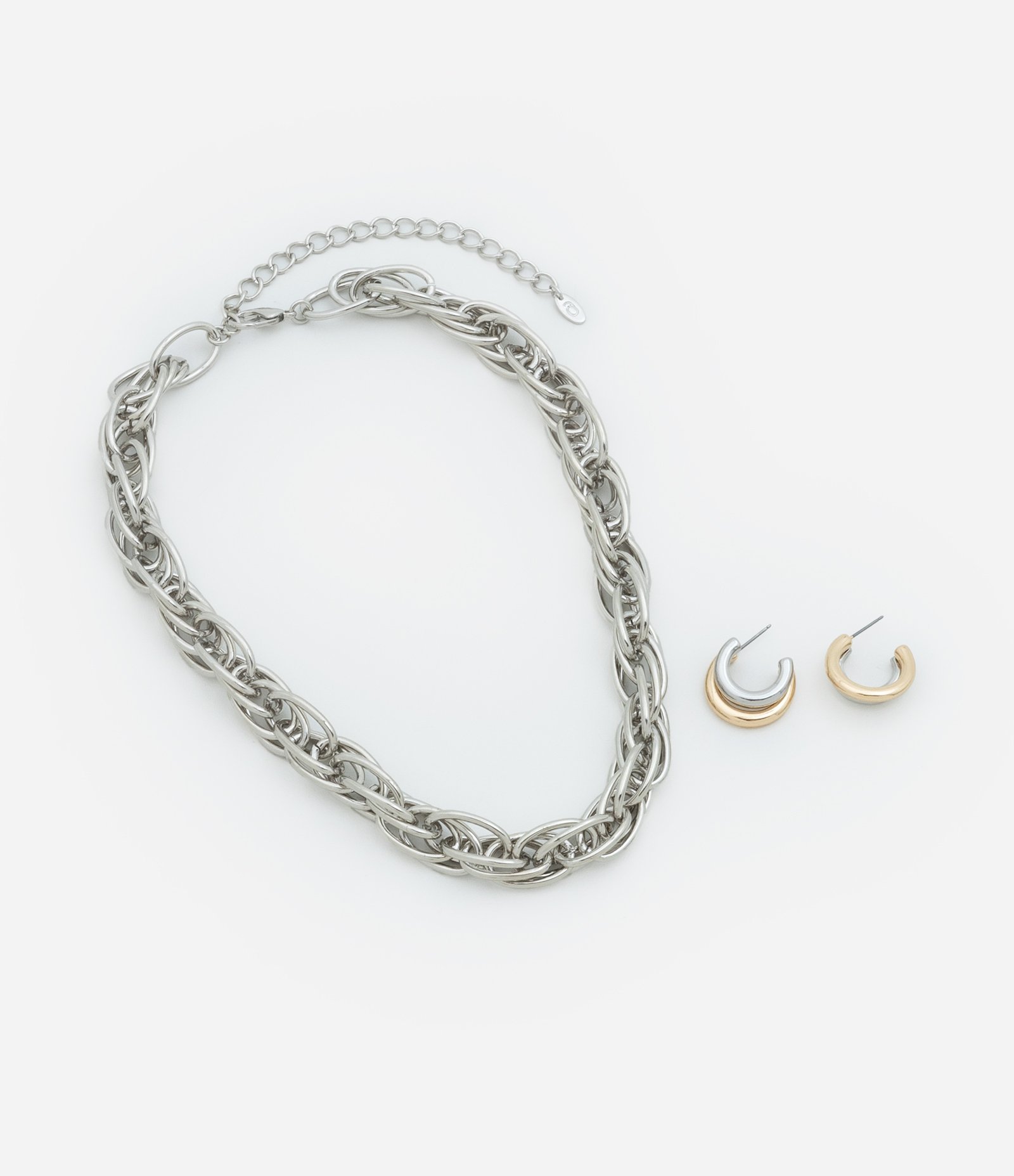 Conjunto de Colar com Elos Duplos e Brinco Argola Misto Prata 2