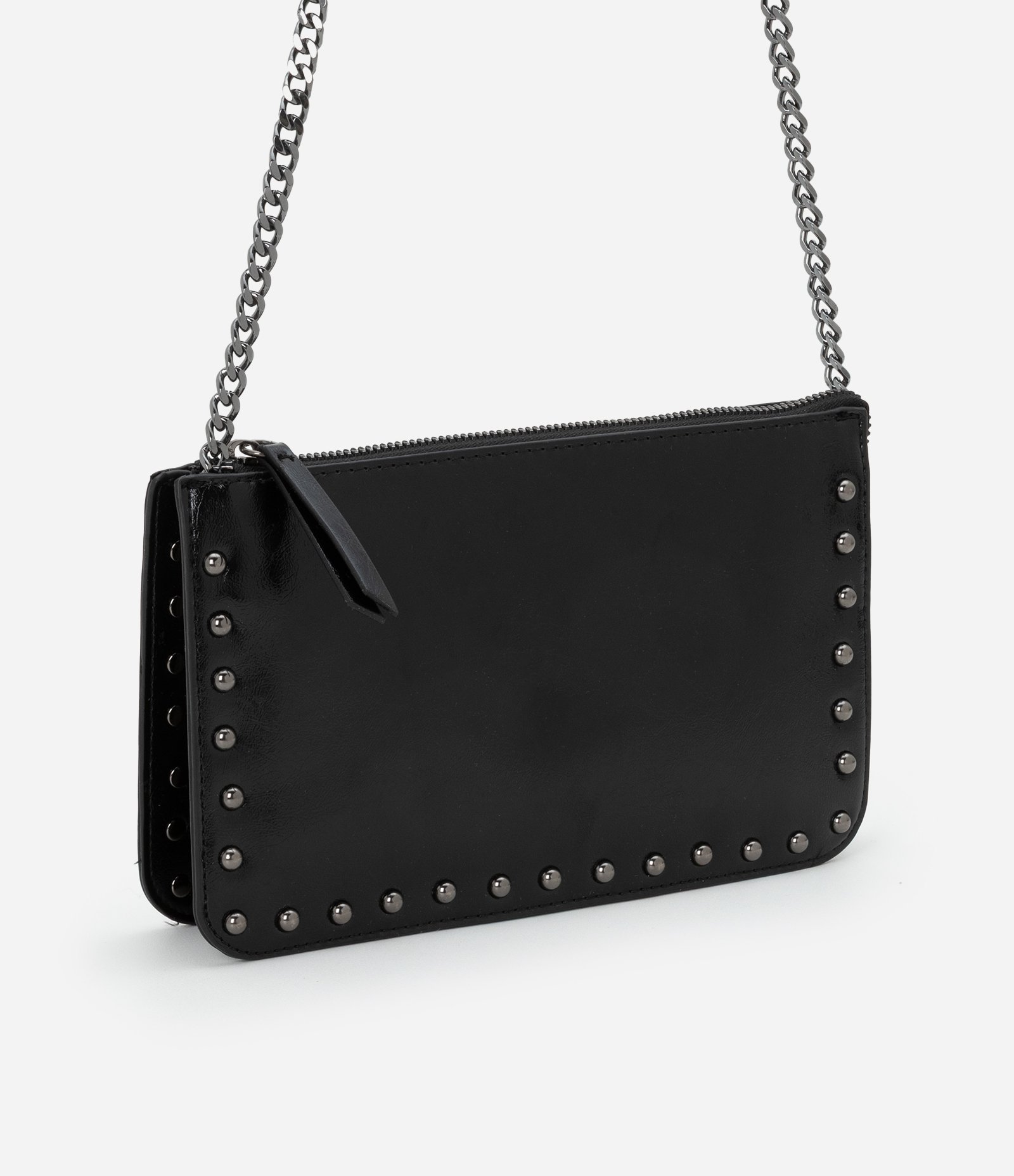 Bolsa Transversal Pequena com Bolsos e Alça de Corrente Preto 2