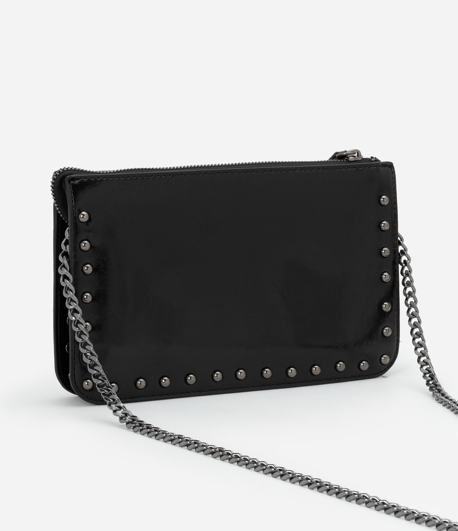 Bolsa Transversal Pequena com Bolsos e Alça de Corrente Preto 4