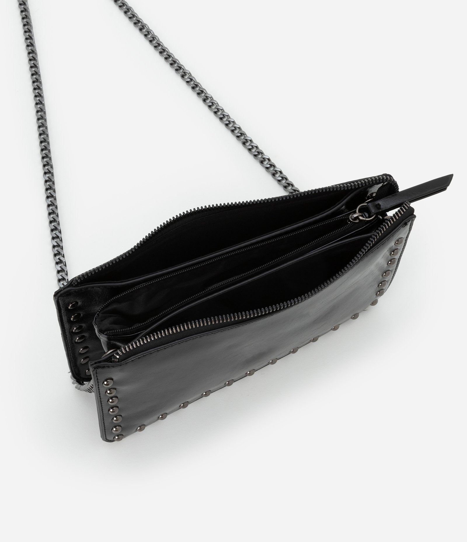 Bolsa Transversal Pequena com Bolsos e Alça de Corrente Preto 5