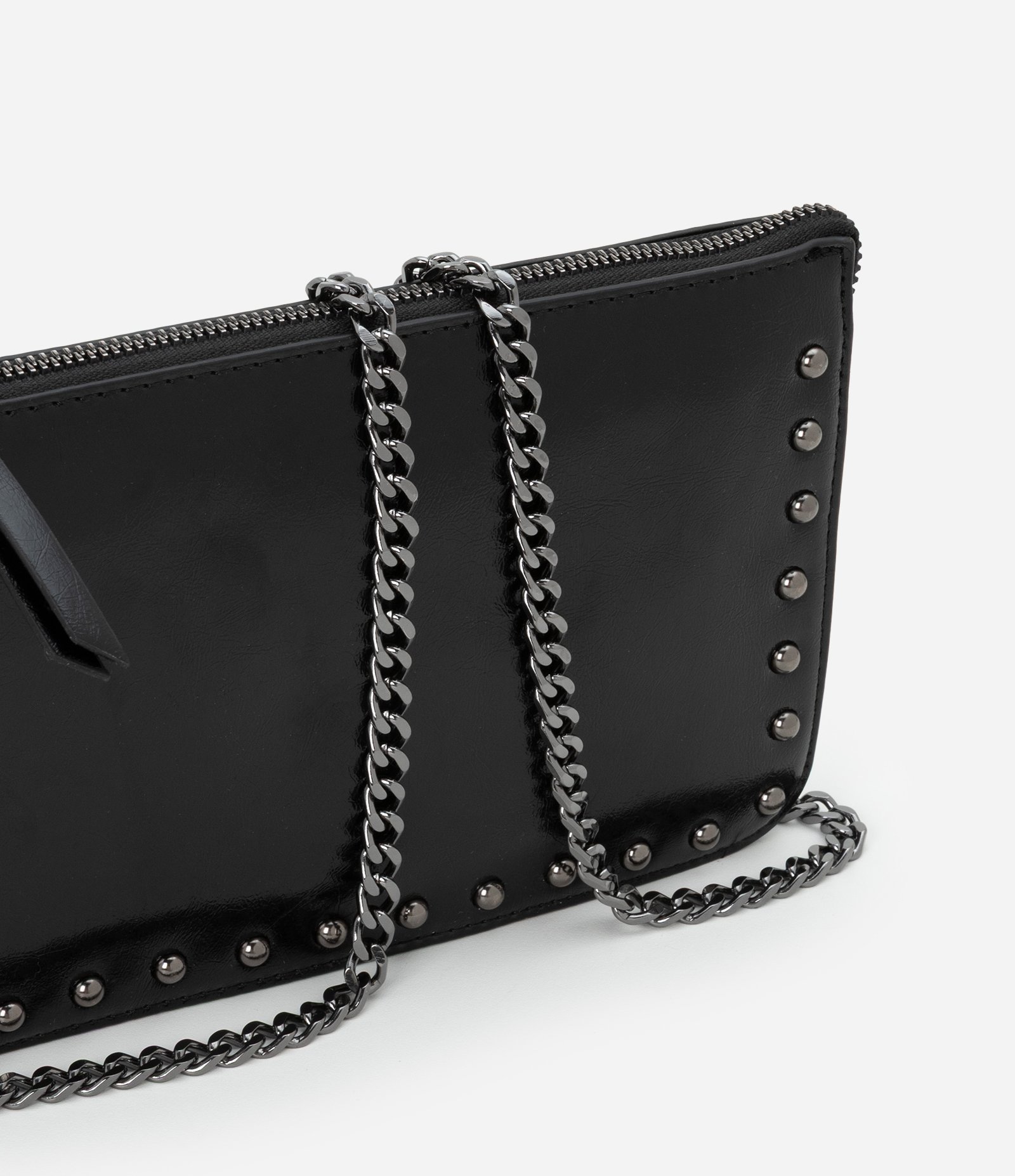 Bolsa Transversal Pequena com Bolsos e Alça de Corrente Preto 6