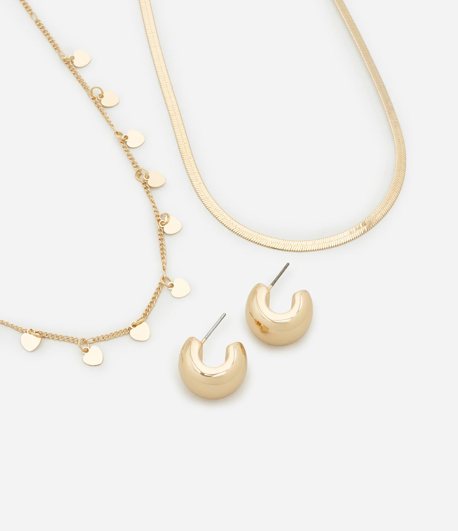 Conjunto de Colar Camadas e Brinco em Metal com Pingentes de Coração Dourado 1