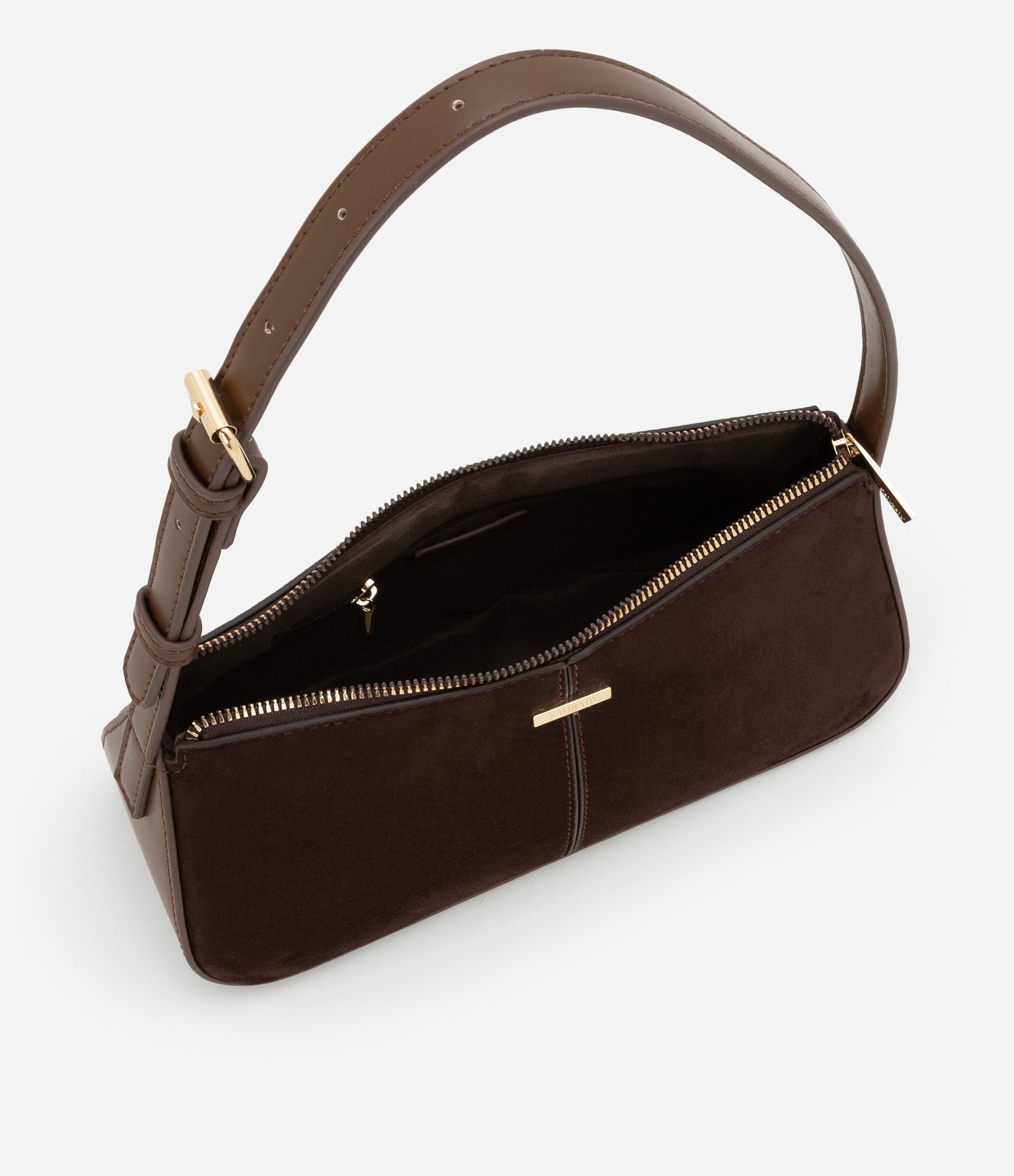 Bolsa Baguete Pequena com Recortes e Efeito Suede Marrom 4