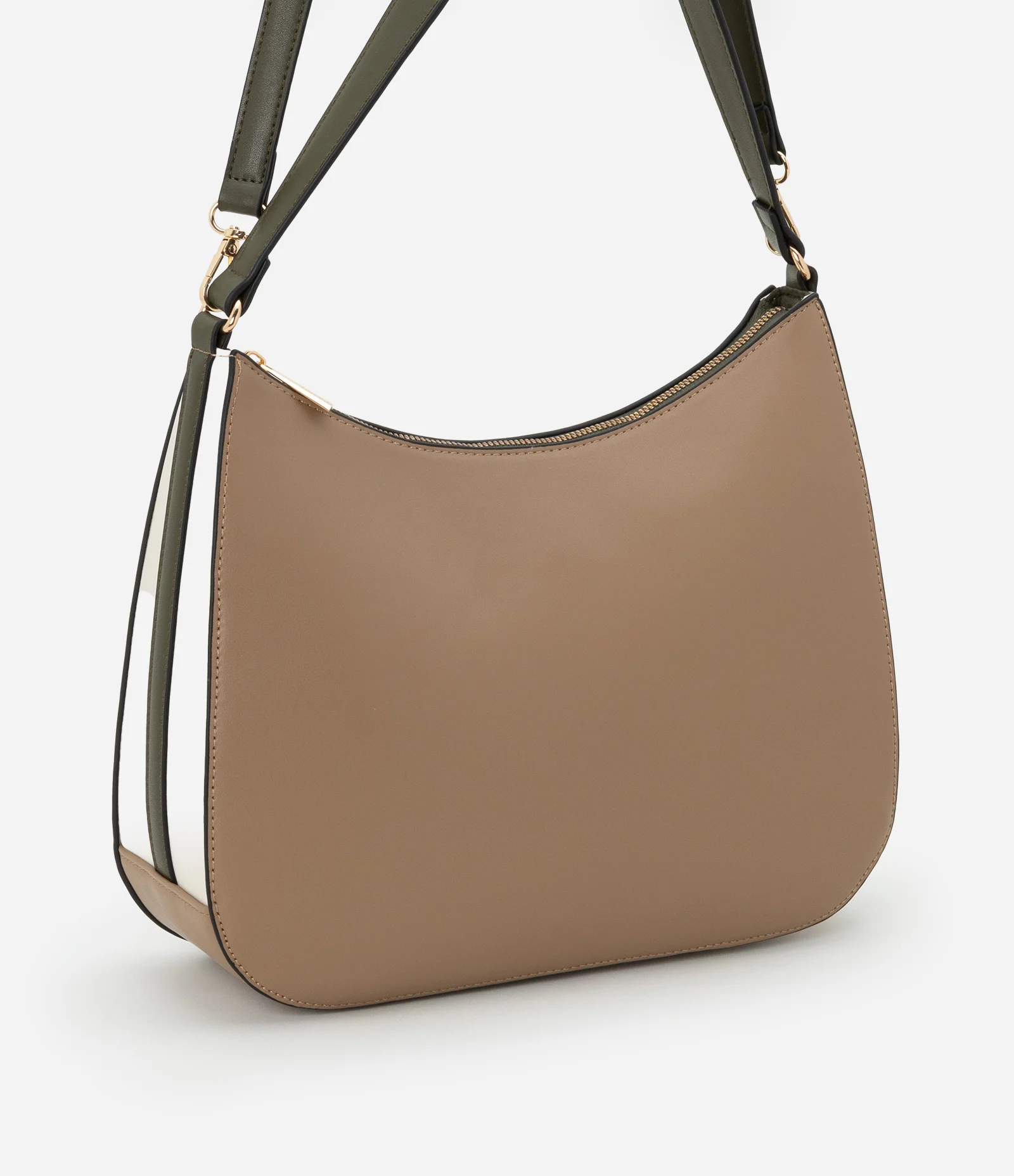 Bolsa Hobo Média com Alça Longa Removível e Detalhe Laterais Bege/Marrom 2