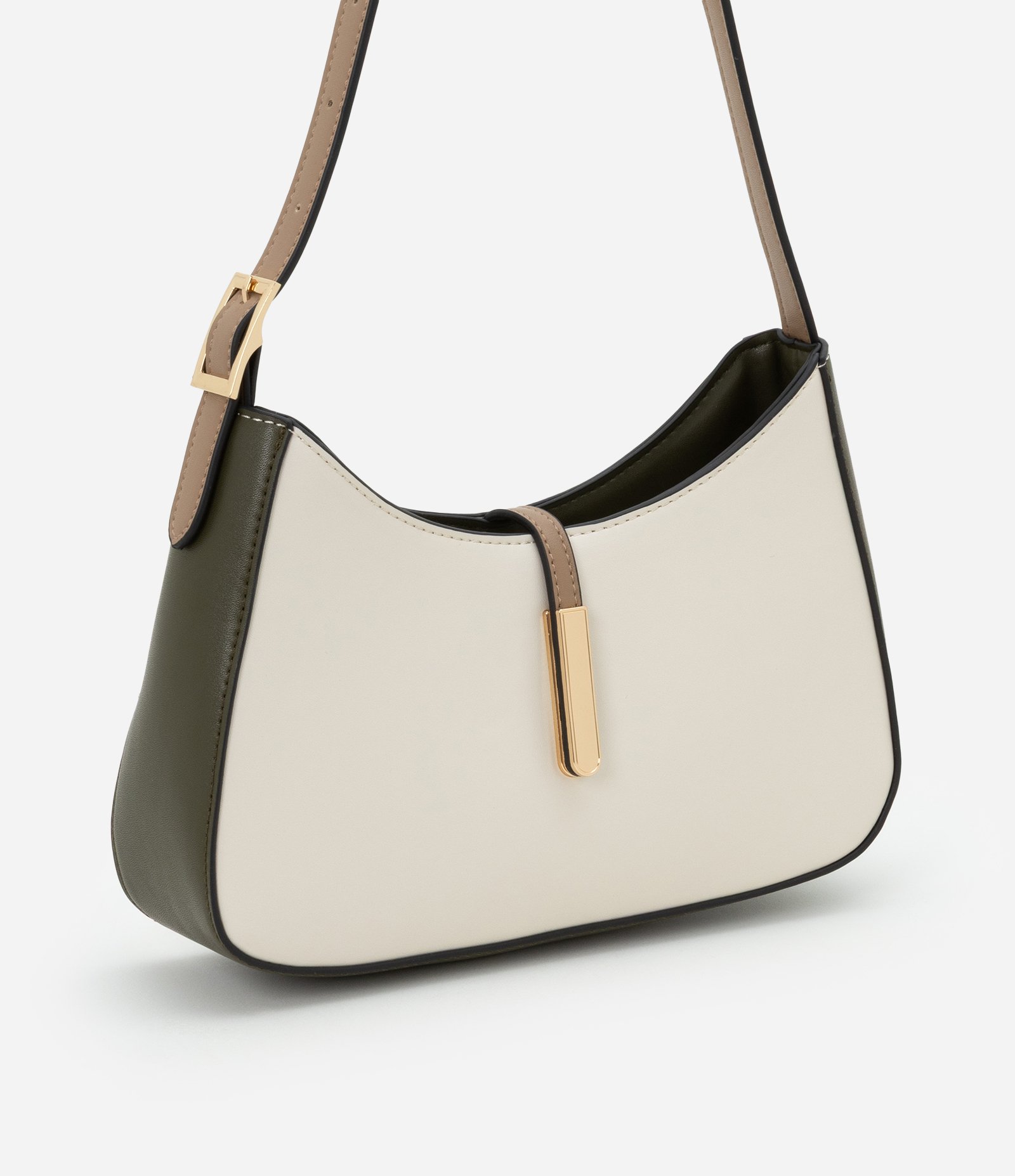 Bolsa Baguete Pequena com Fechamento Lapela de Metal Off White/Verde 1