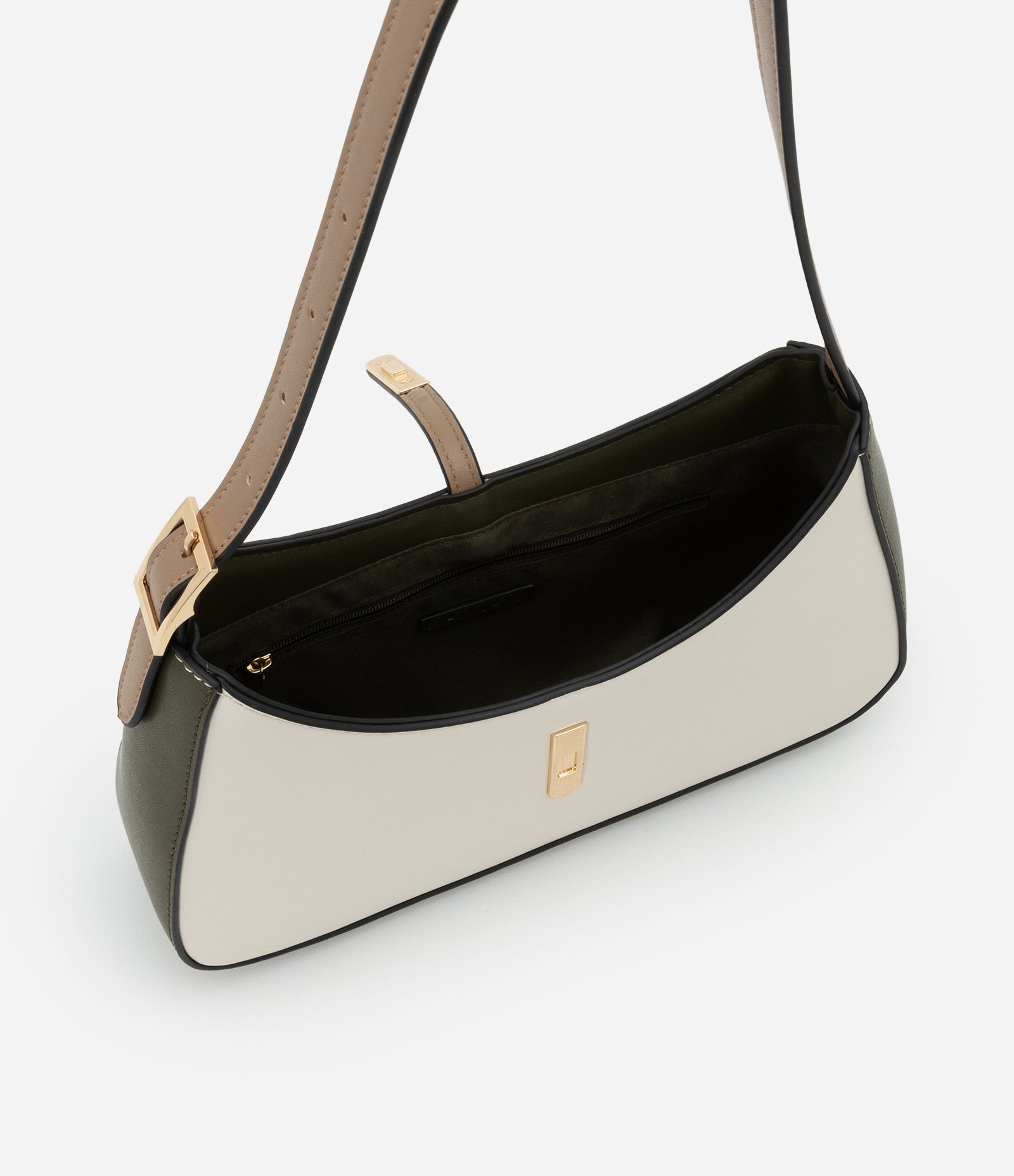 Bolsa Baguete Pequena com Fechamento Lapela de Metal Off White/Verde 4