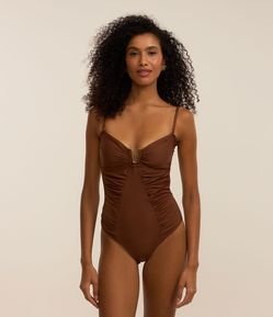 Maiô em Microfibra com Detalhe em Metal no Decote e Franzidos Frontais