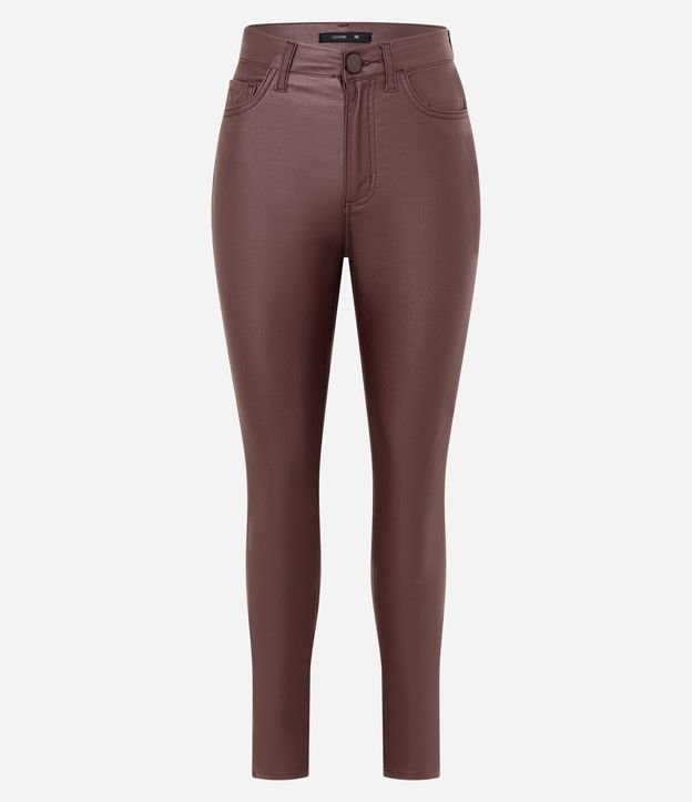 Calça Skinny em Sarja Resinada com Cintura Média