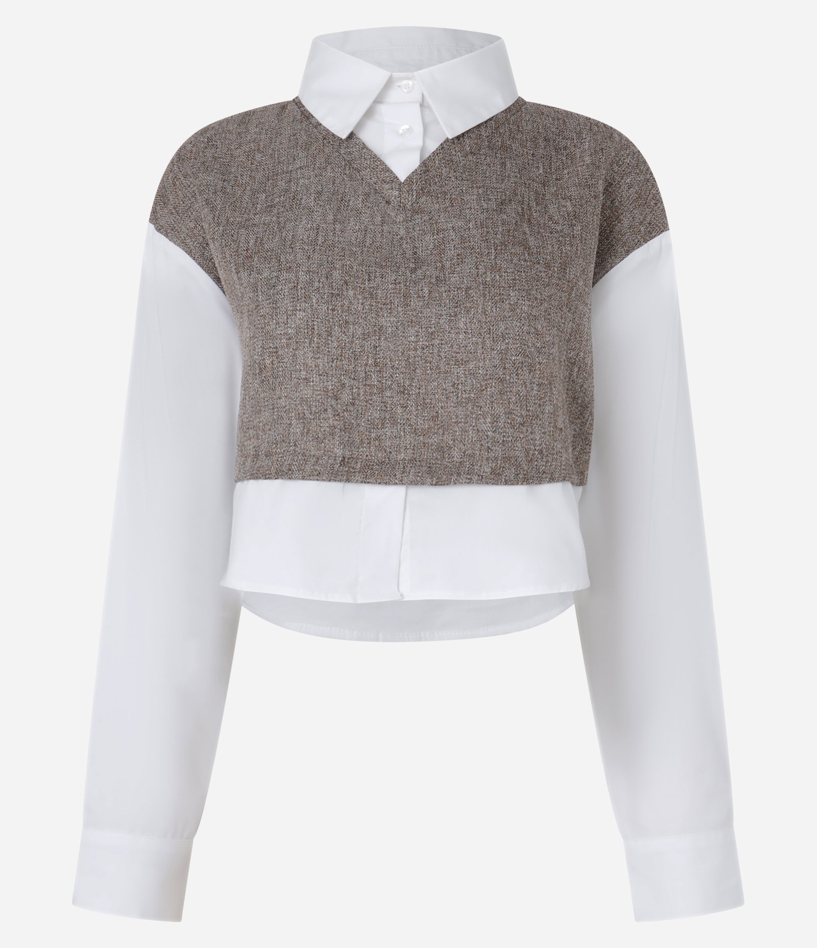 Camisa Regular em Tricoline com Colete Sobreposto Marrom/Branco 4