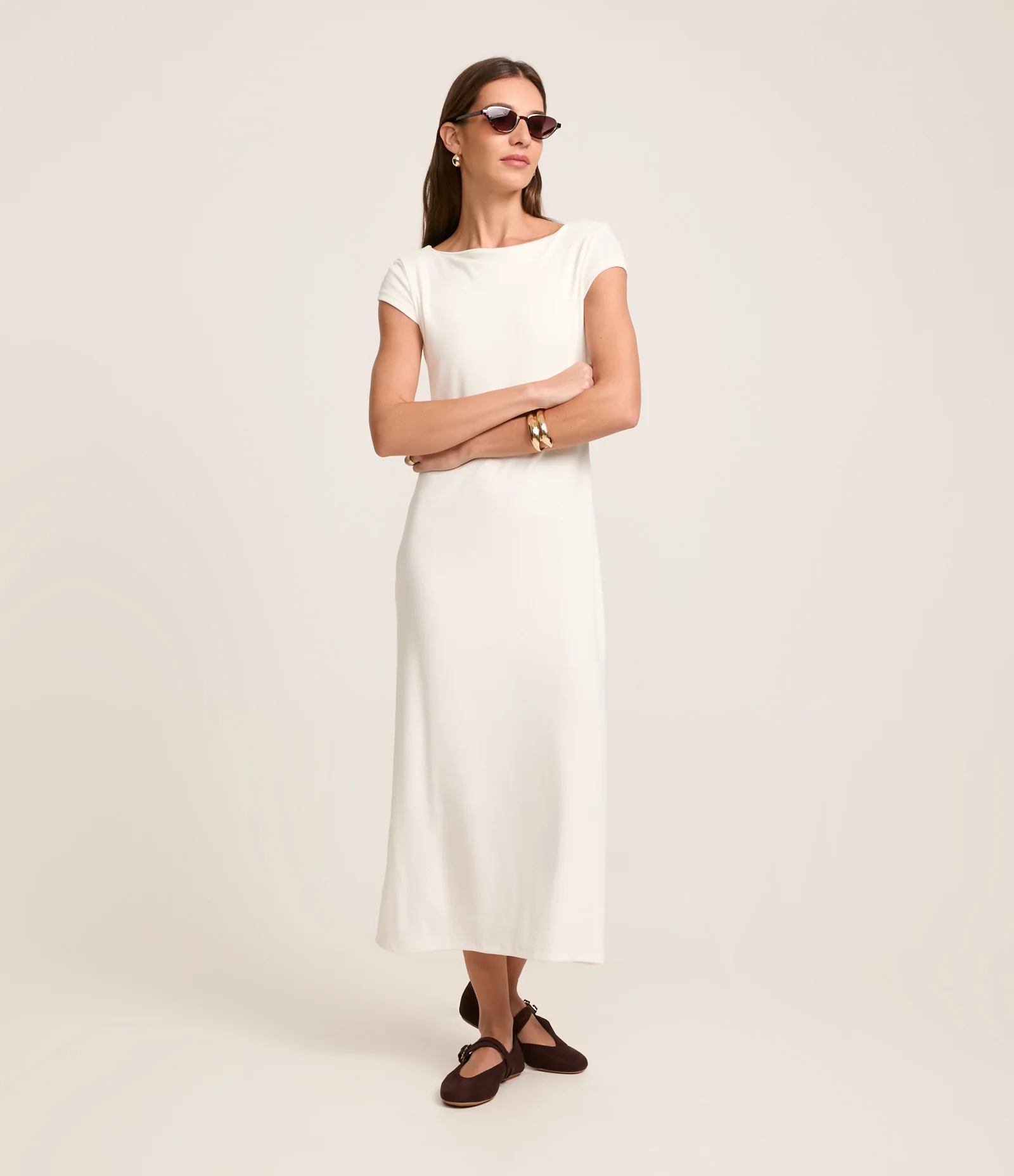 Vestido Midi em Ribana com Gola Reta Branco 1