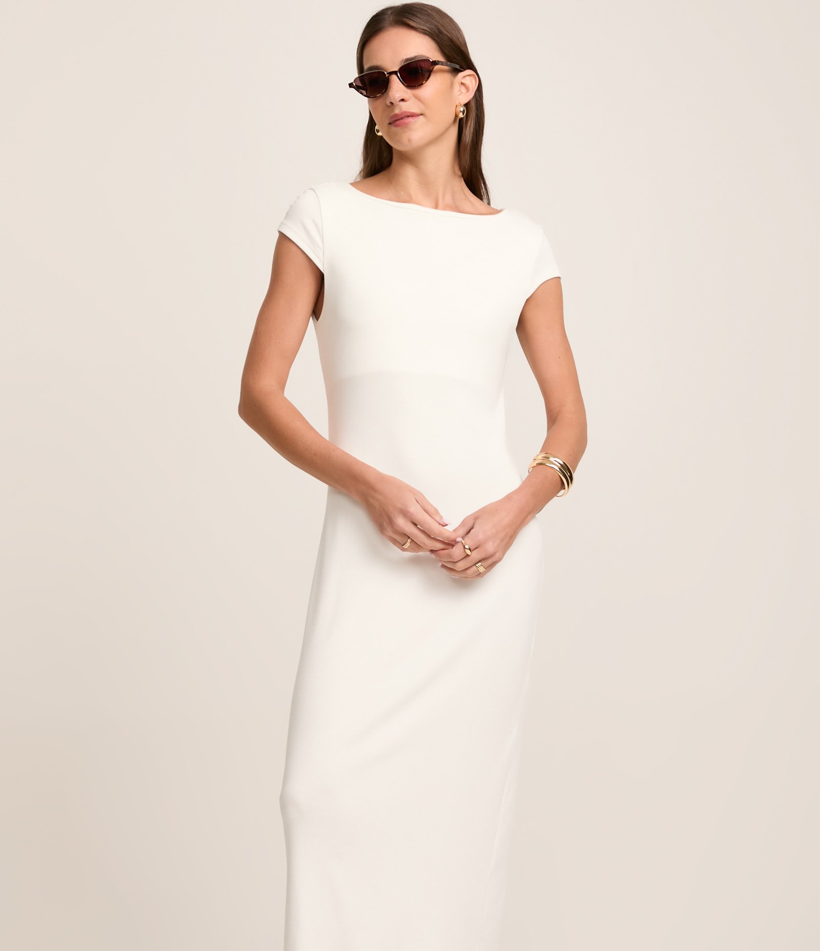 Vestido Midi em Ribana com Gola Reta Branco 3