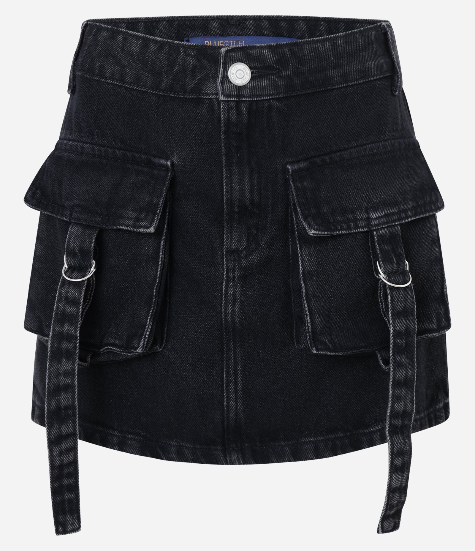Saia Curta em Jeans Estonado com Bolsos Frontais Cargo Preto 5