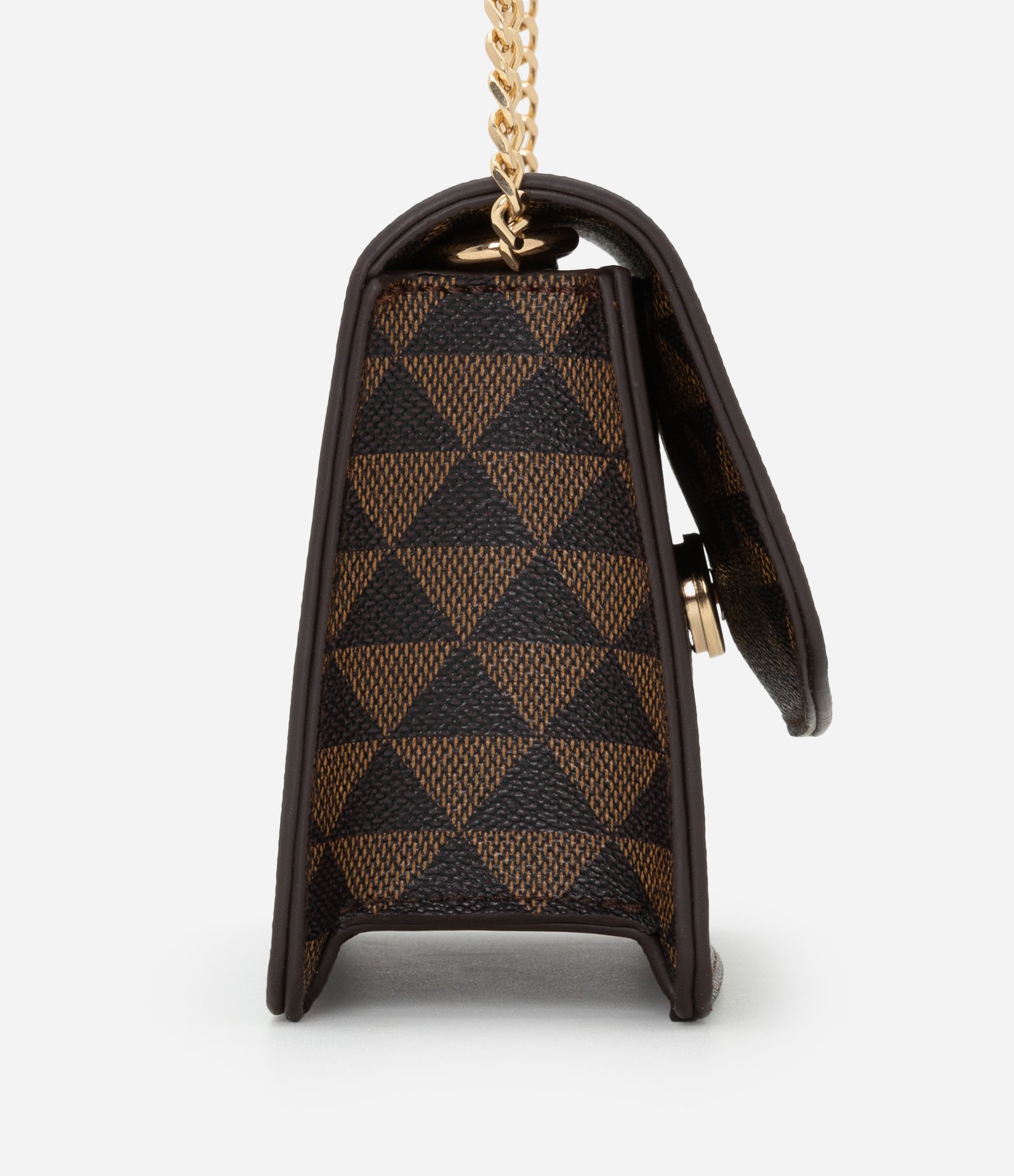 Bolsa Transversal Pequena Estampa Triangular e Alça de Corrente Marrom 2