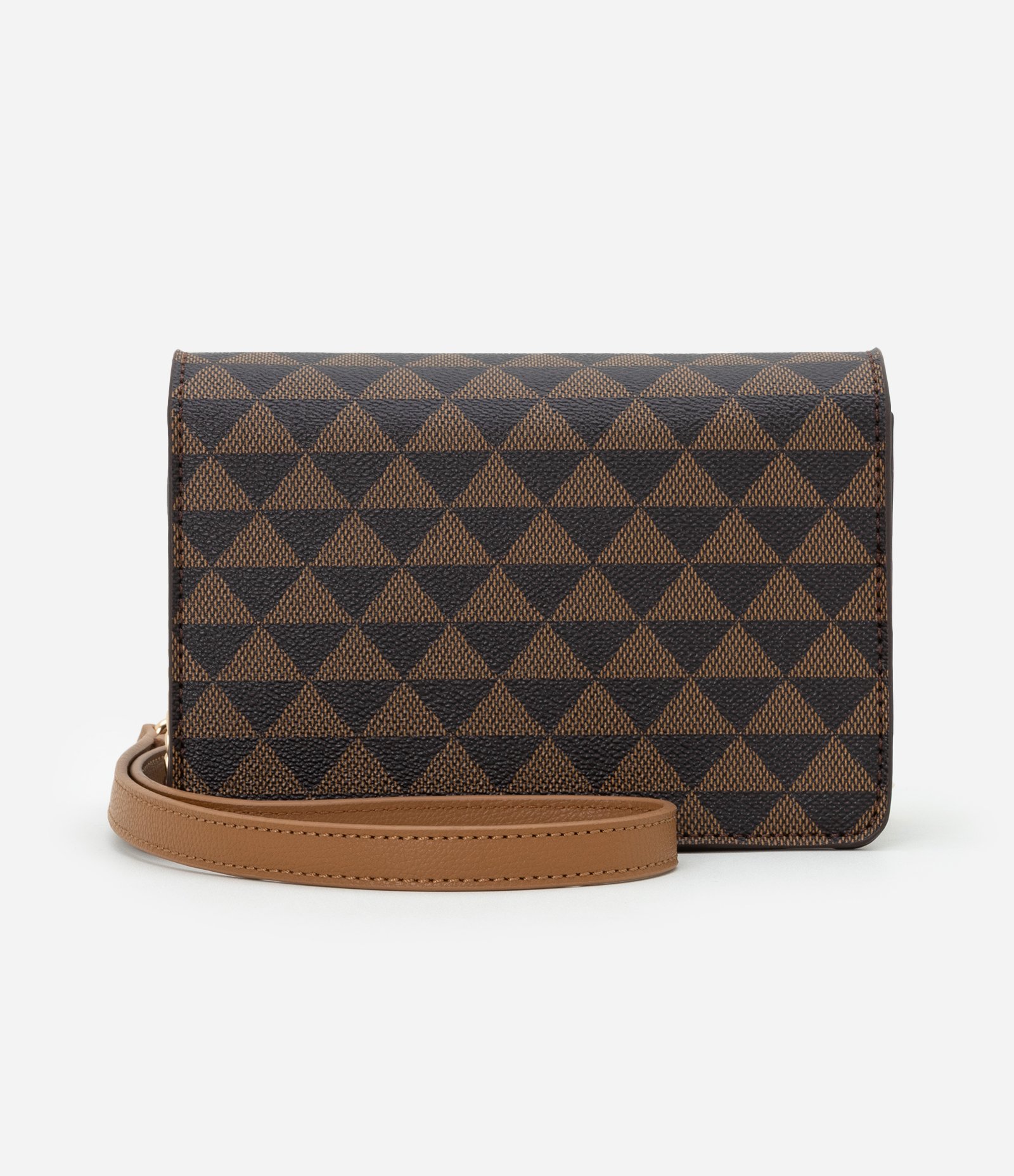 Bolsa Transversal Pequena Estampa Triangular e Alça de Corrente Marrom 3