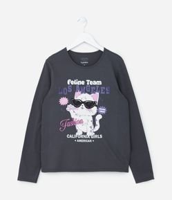 Camiseta Infantil com Estampa Gatinho de Óculos - Tam 5 a 14 Anos