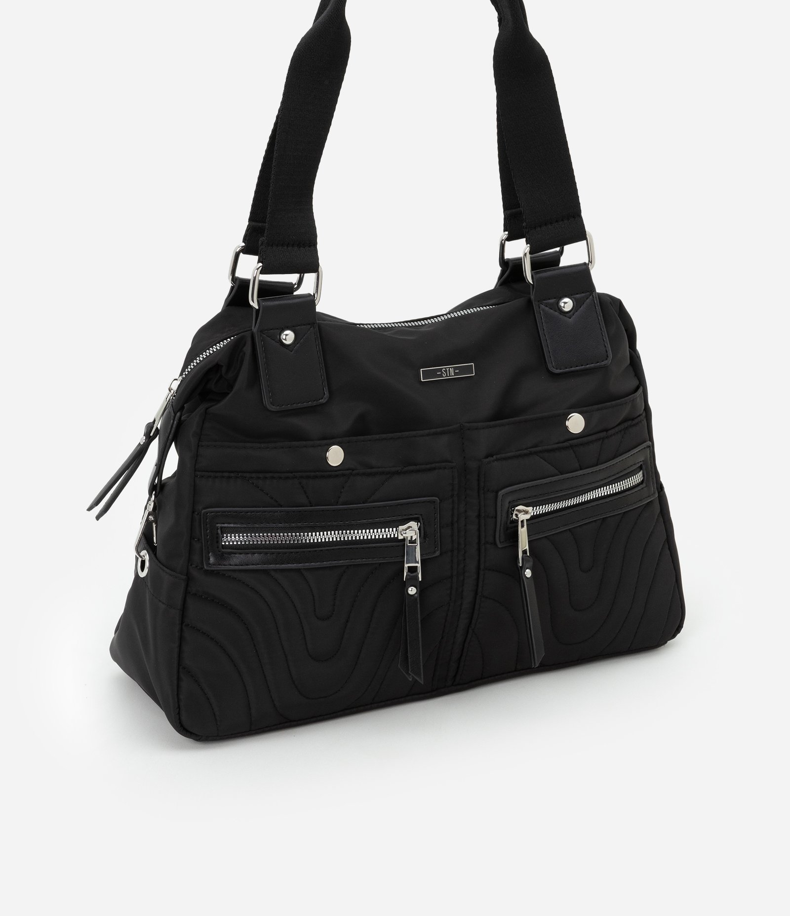 Bolsa Média Satchel com Textura em Matelassê Preto 2