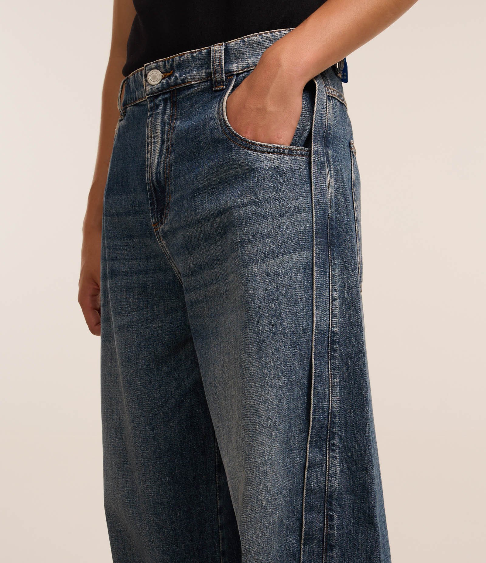 Calça Super Baggy em Jeans com Costura Lateral Deslocada Azul 3