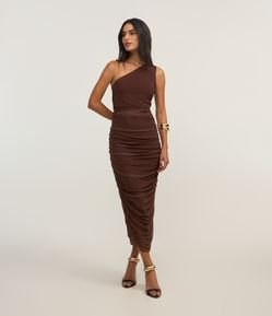 Vestido New Midi Ombro Só em Tule com Franzidos