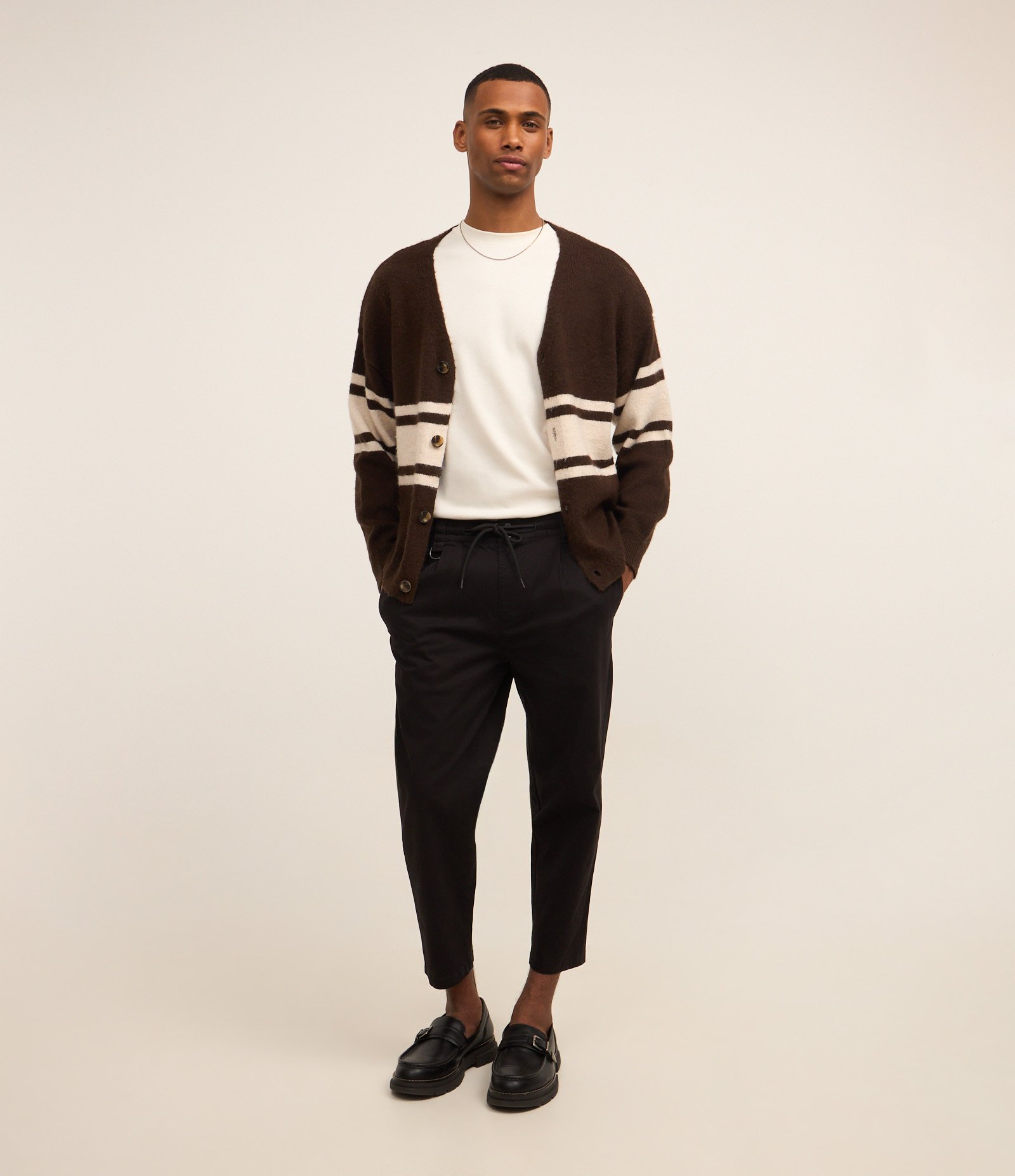 Cardigan Boxy em Tricô com Listras Marrom 2