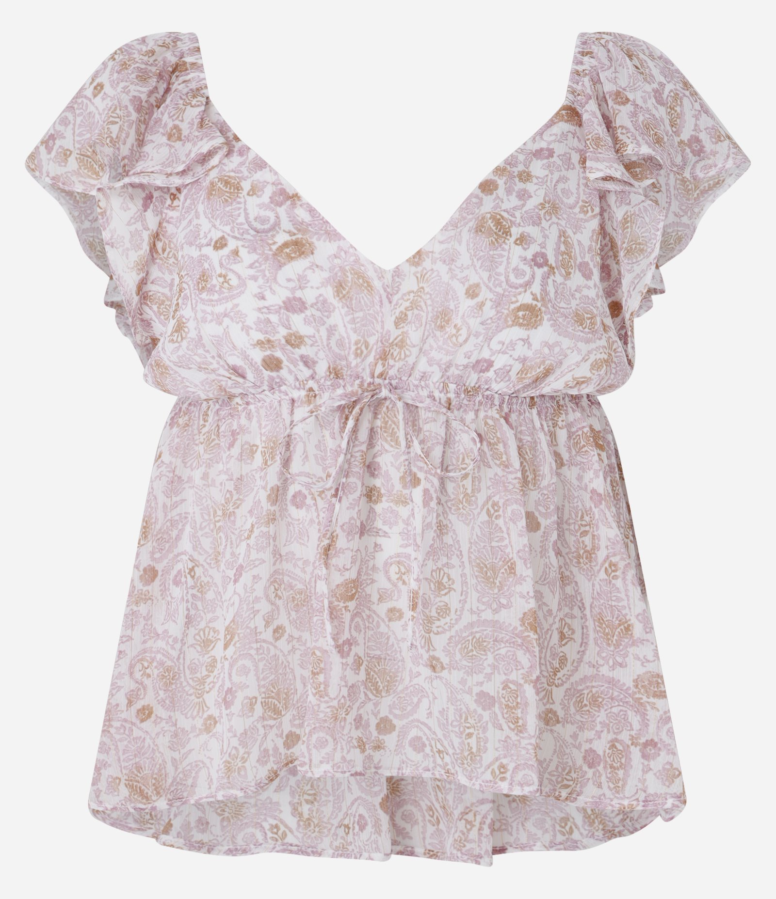 Blusa Boho Chic Peplum em Chiffon Babados e Estampa Floral Paisley Rosa 1