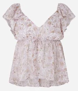 Blusa Boho Chic Peplum em Chiffon Babados e Estampa Floral Paisley