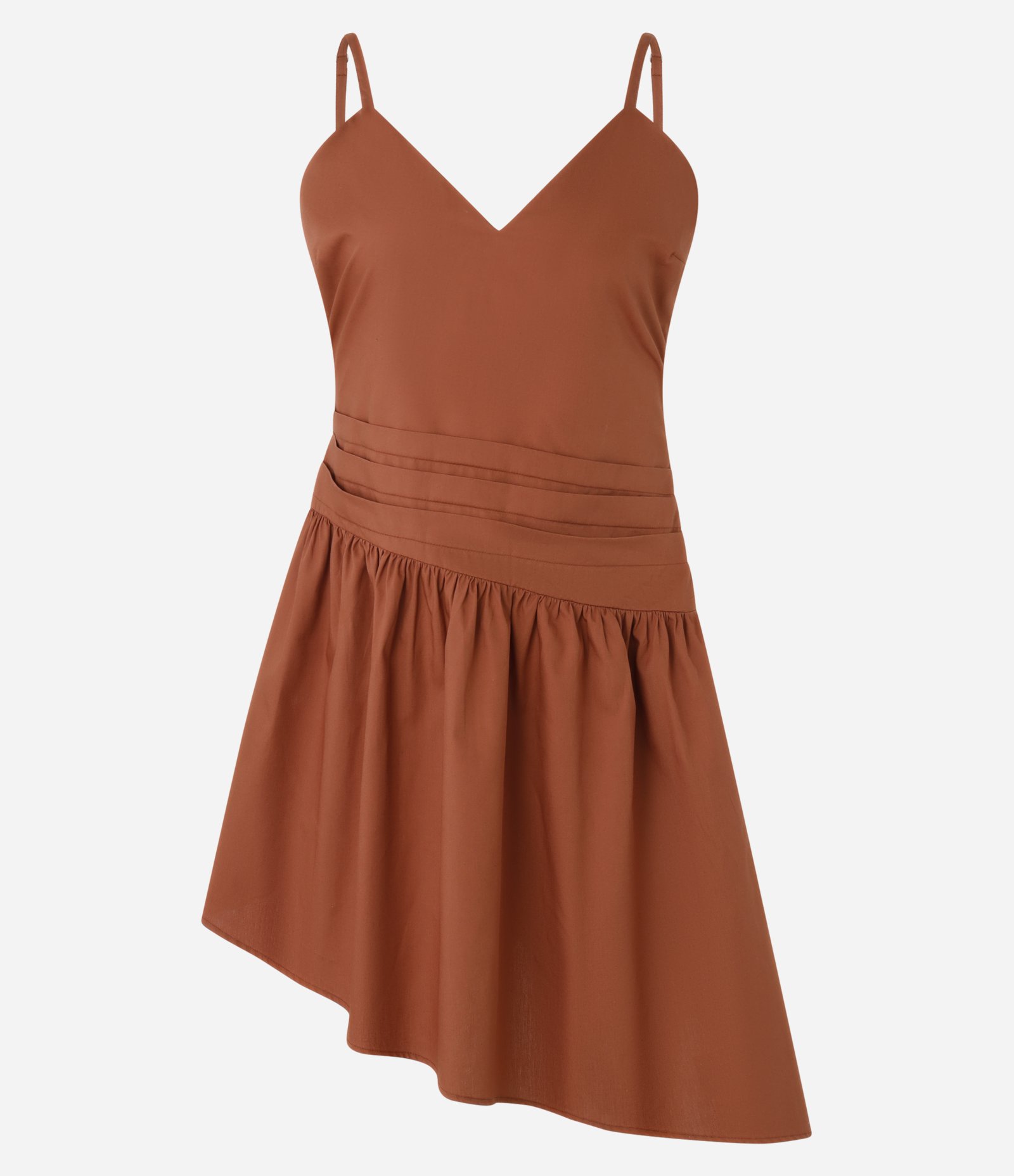 Vestido Curto de Alça em Tricoline com Barra Assimétrica Marrom 5