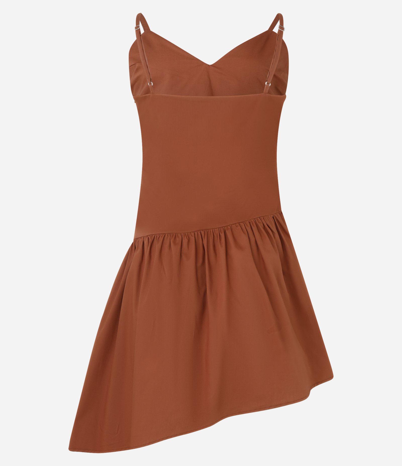 Vestido Curto de Alça em Tricoline com Barra Assimétrica Marrom 6