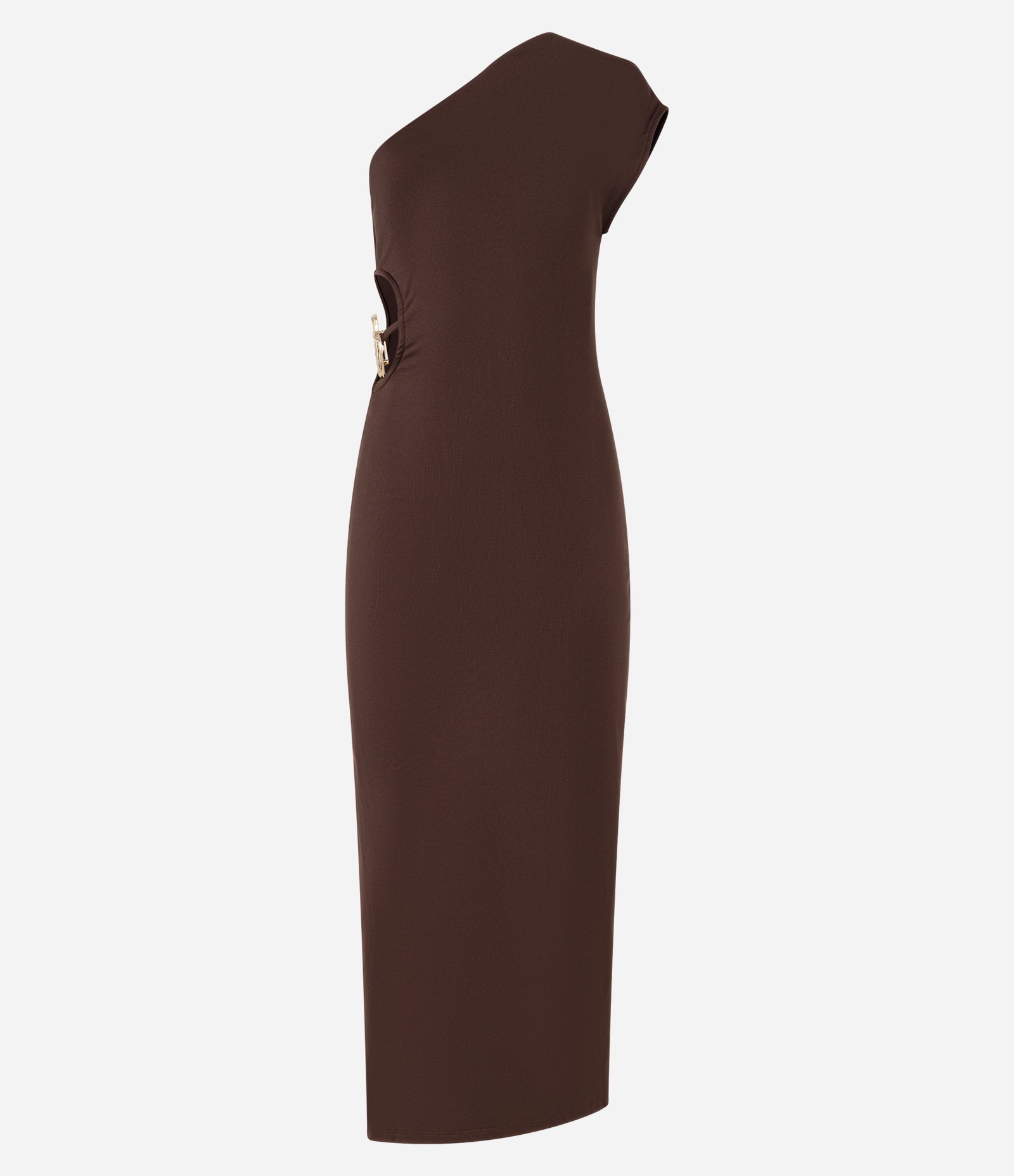 Vestido Midi com Um Ombro Só Assimétrico e Fenda Lateral Marrom 7