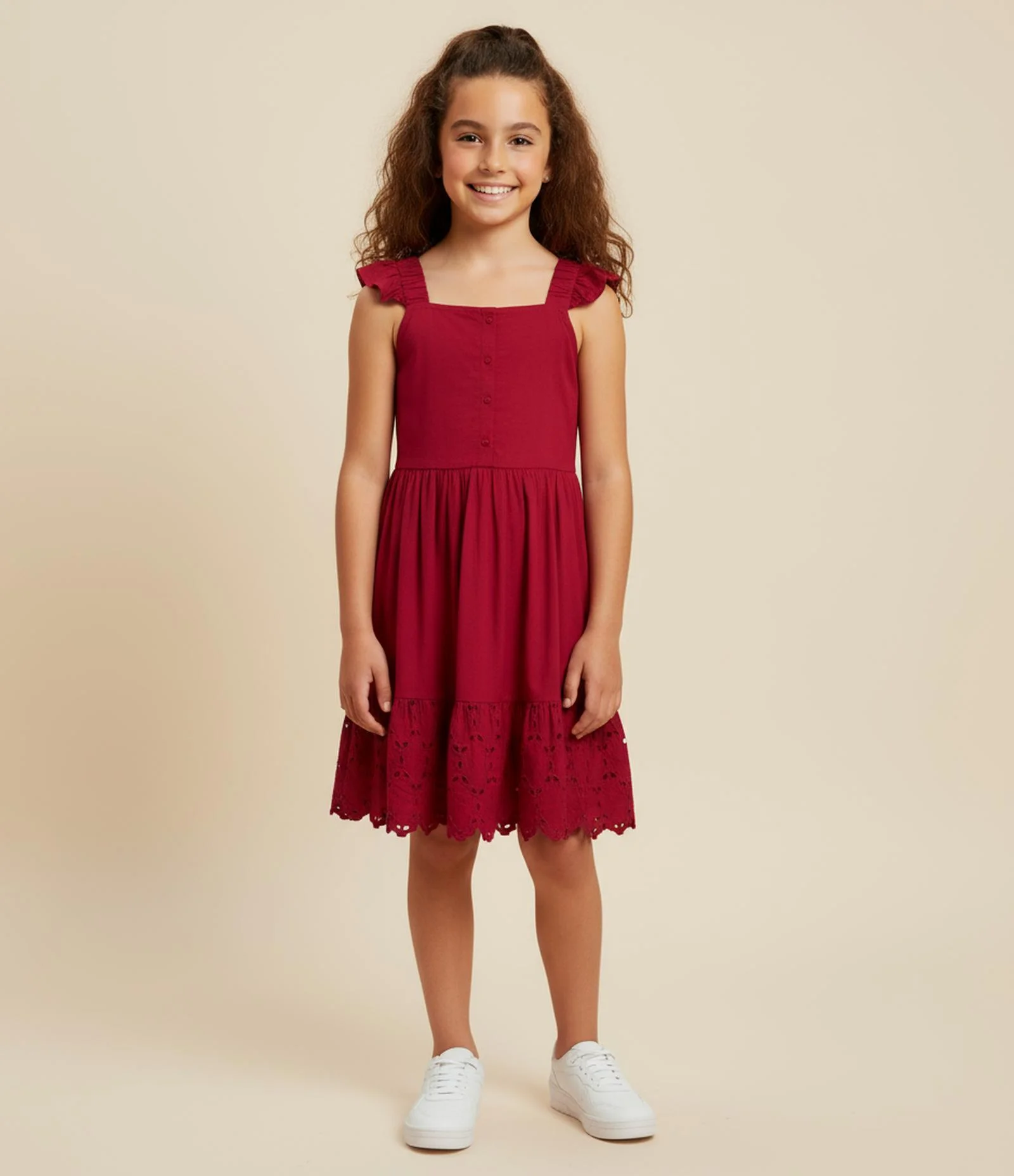 Vestido Infantil com Broderie e Franzidinho - Tam 5 a 14 anos Vermelho 1