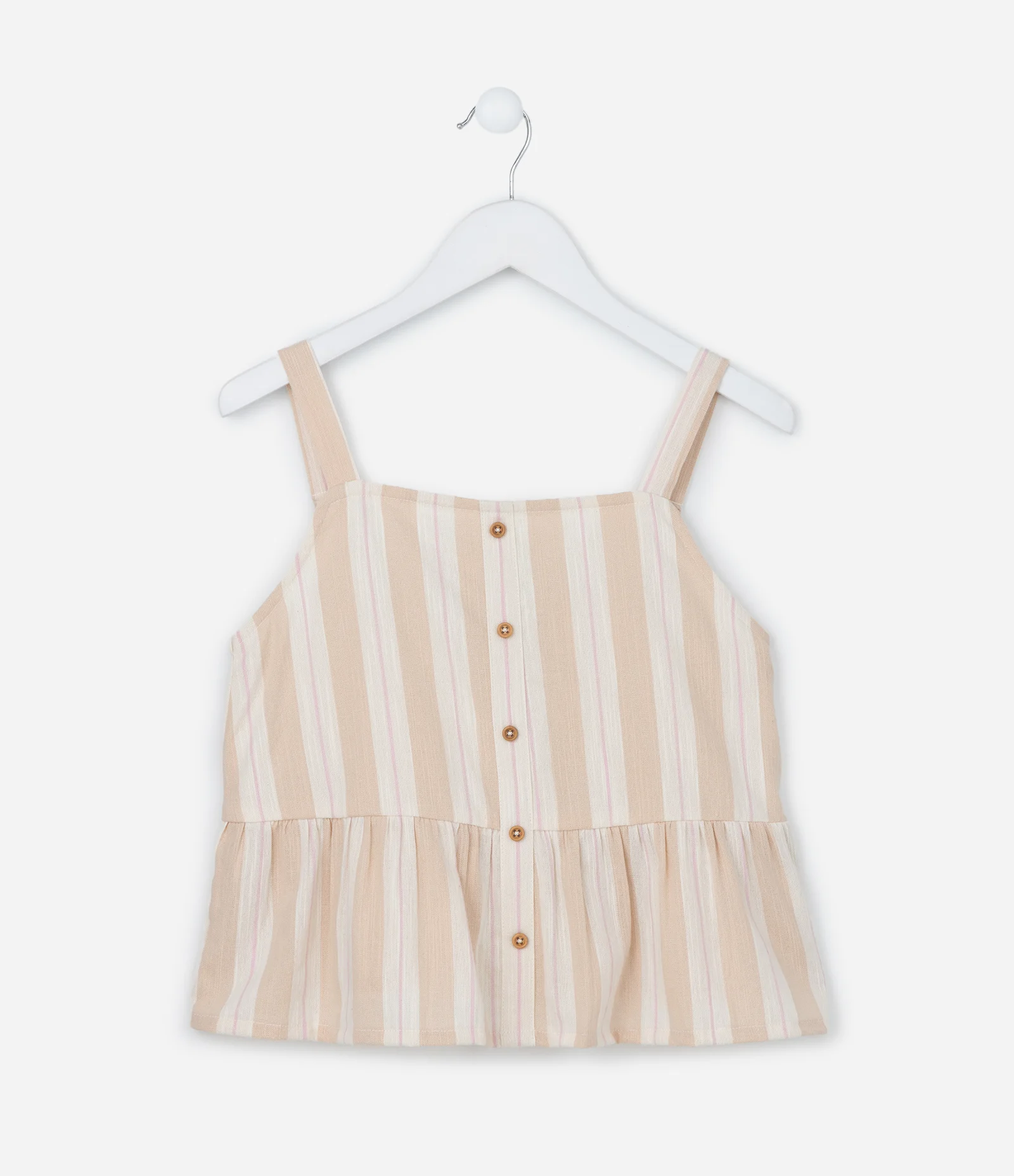Blusa Bata Curta Infantil com Botões e Estampa Listrada - Tam 5 a 14 Anos Bege 2