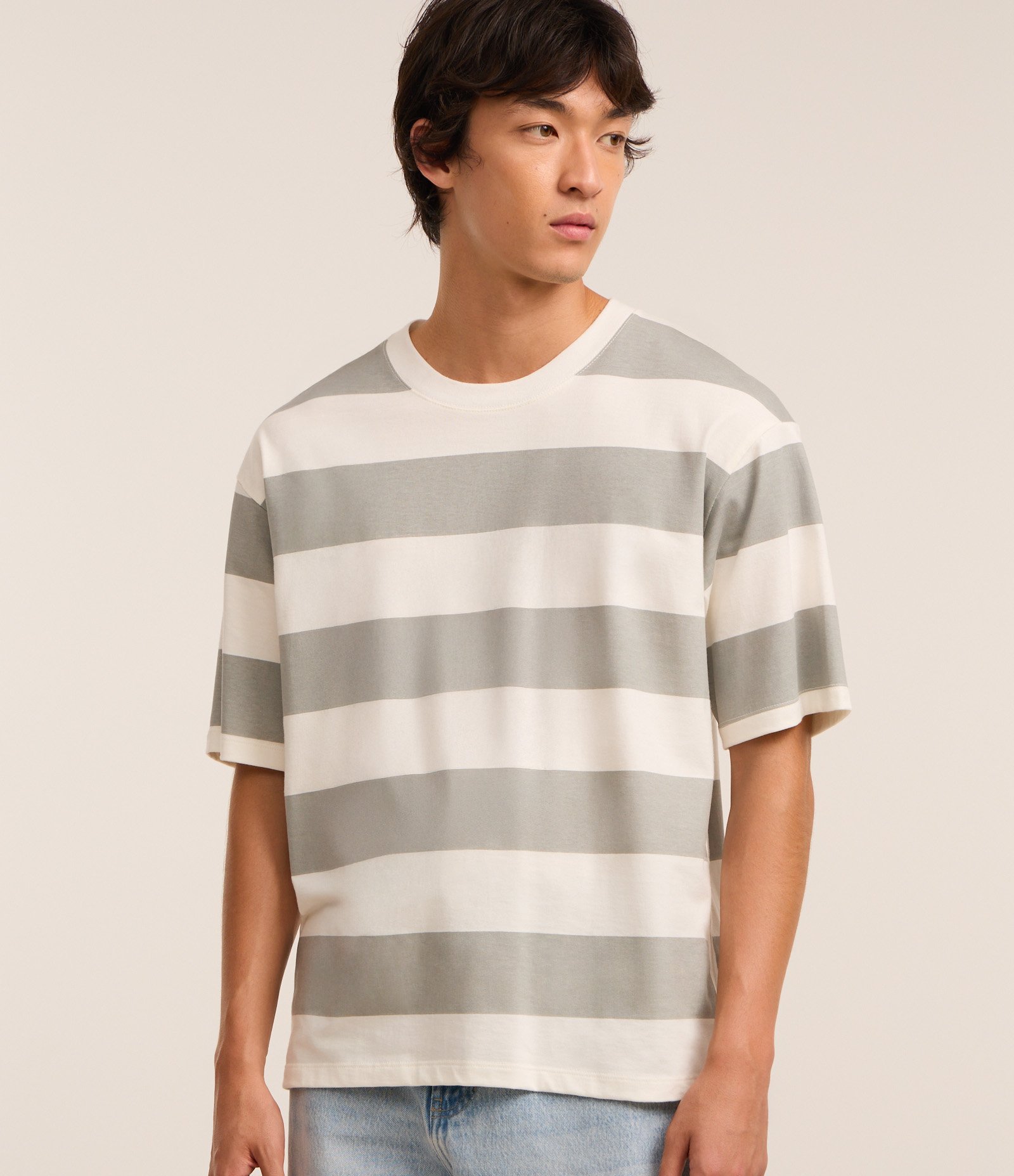 Camiseta Boxy em Algodão com Estampa de Listras Largas Cinza 1